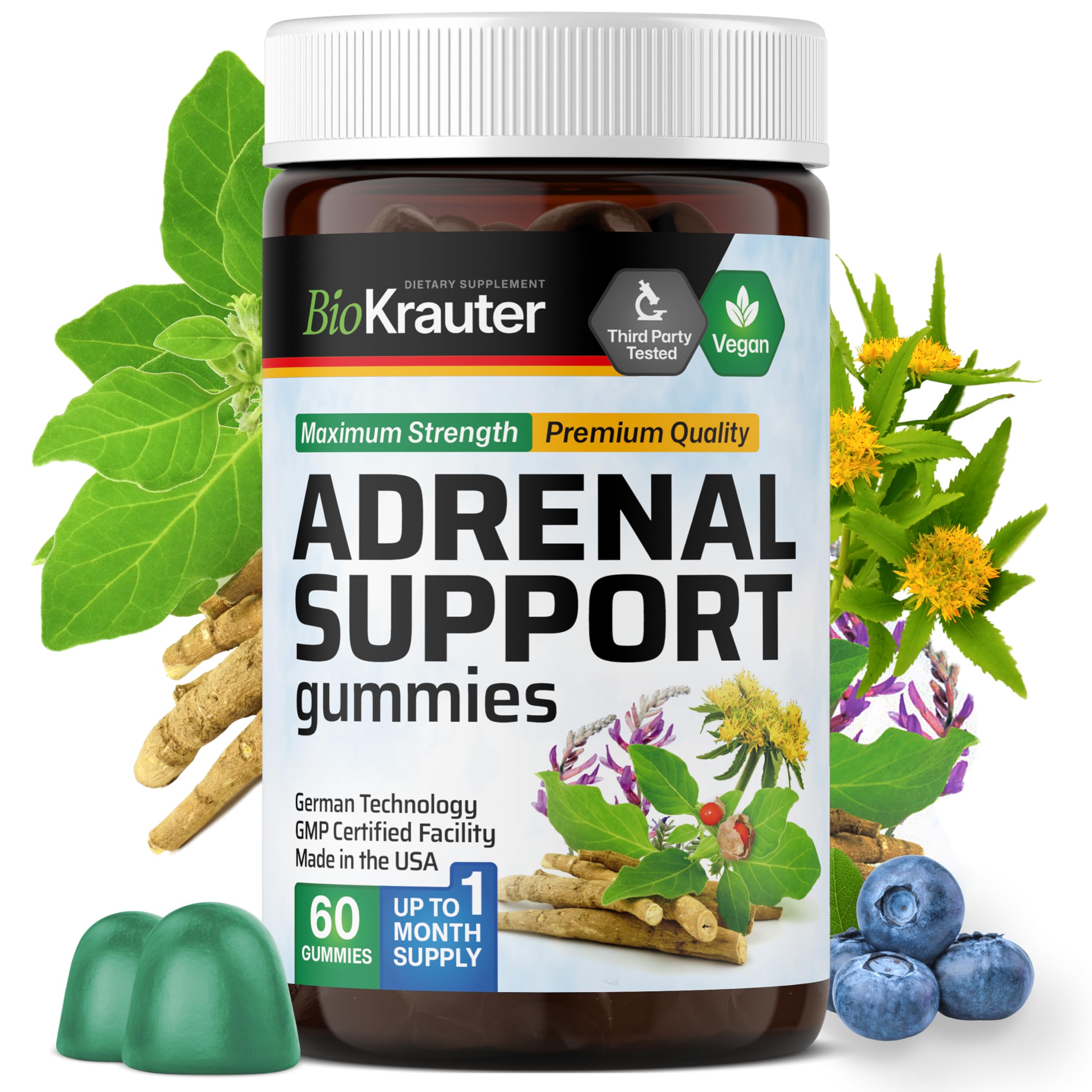 BIO KRAUTER Adrenal Support Gummies front view with blueberry flavour