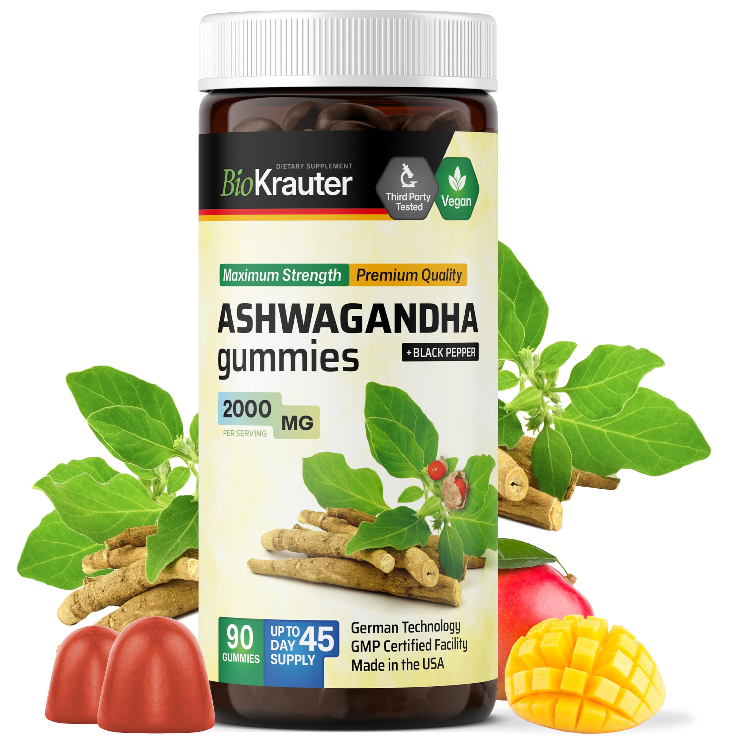 BIO KRAUTER Ashwagandha Gummies bottle front view with mango flavour
