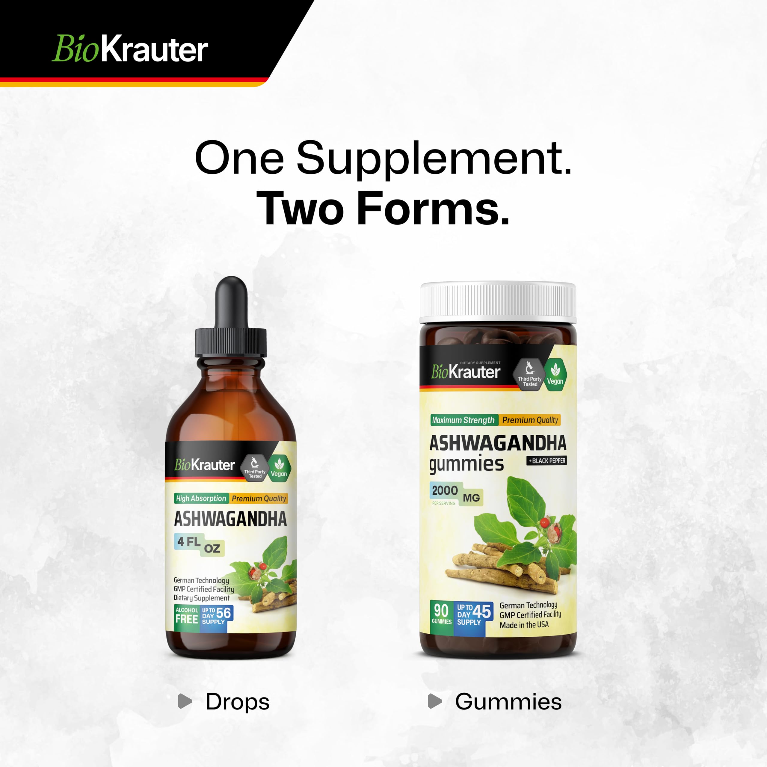 BIO KRAUTER Ashwagandha Gummies bottle with two gummies on a white background