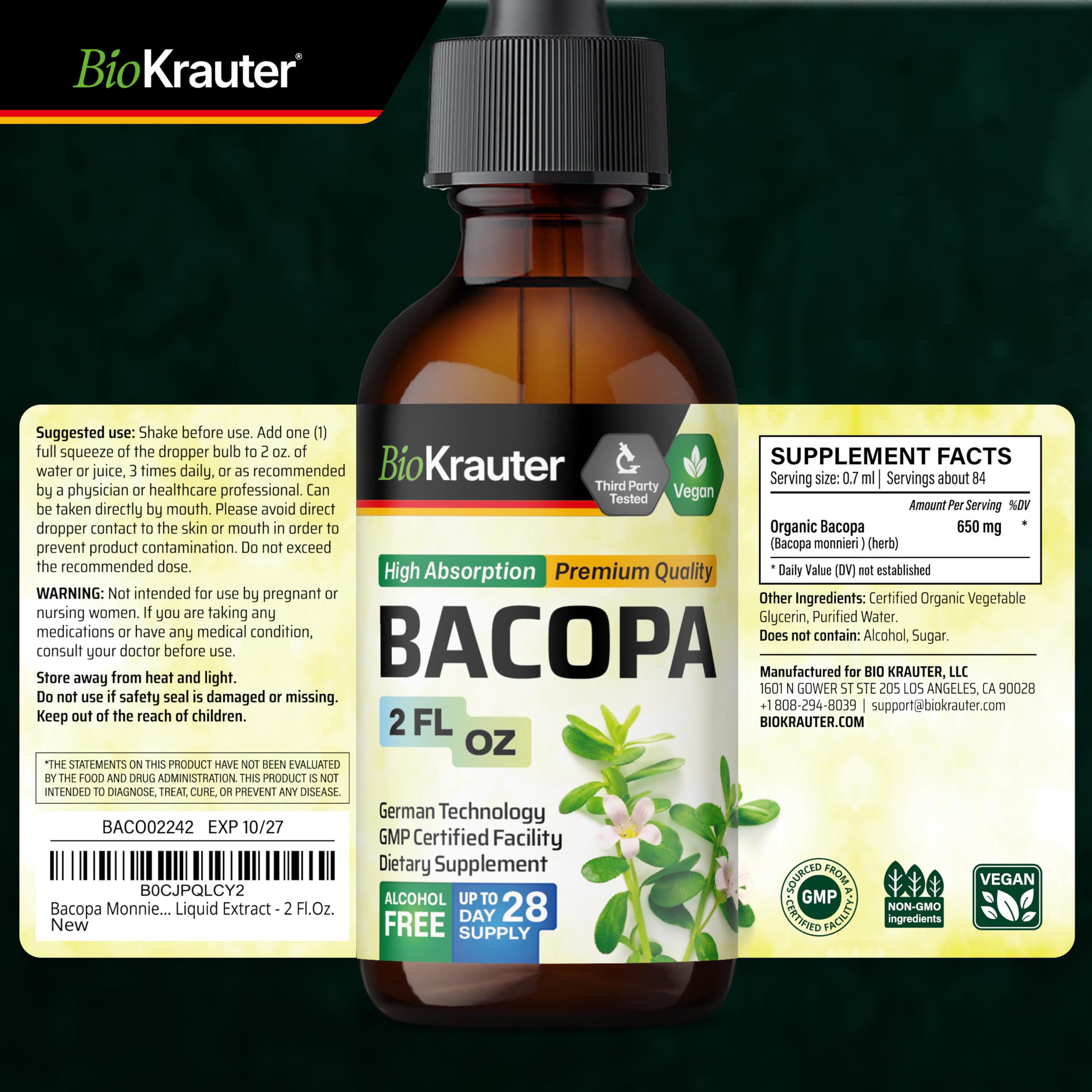 BIO KRAUTER Bacopa Monnieri Liquid Extract 650mg with glass of water