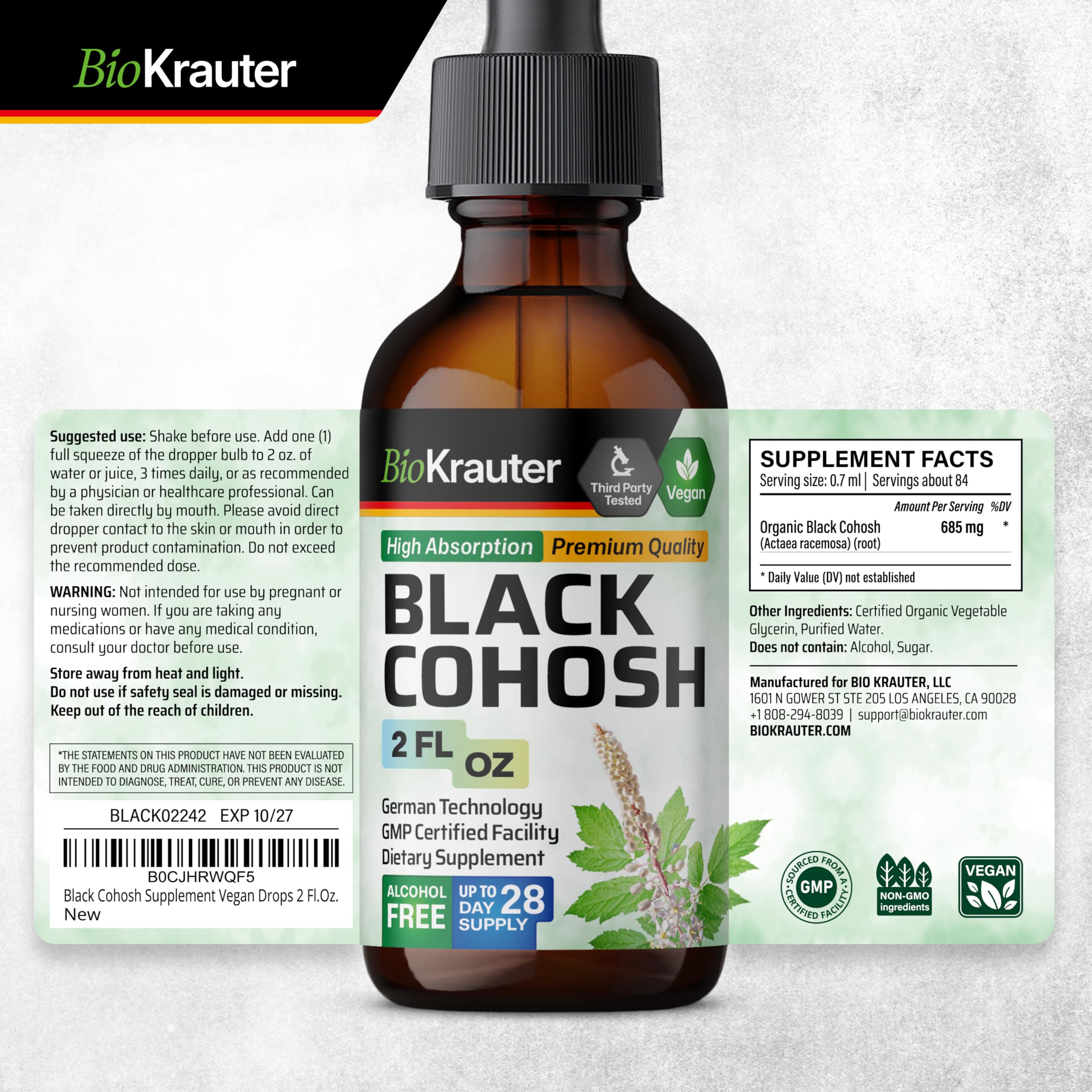 BIO KRAUTER Black Cohosh Root 2 fl oz bottle with fresh herbs