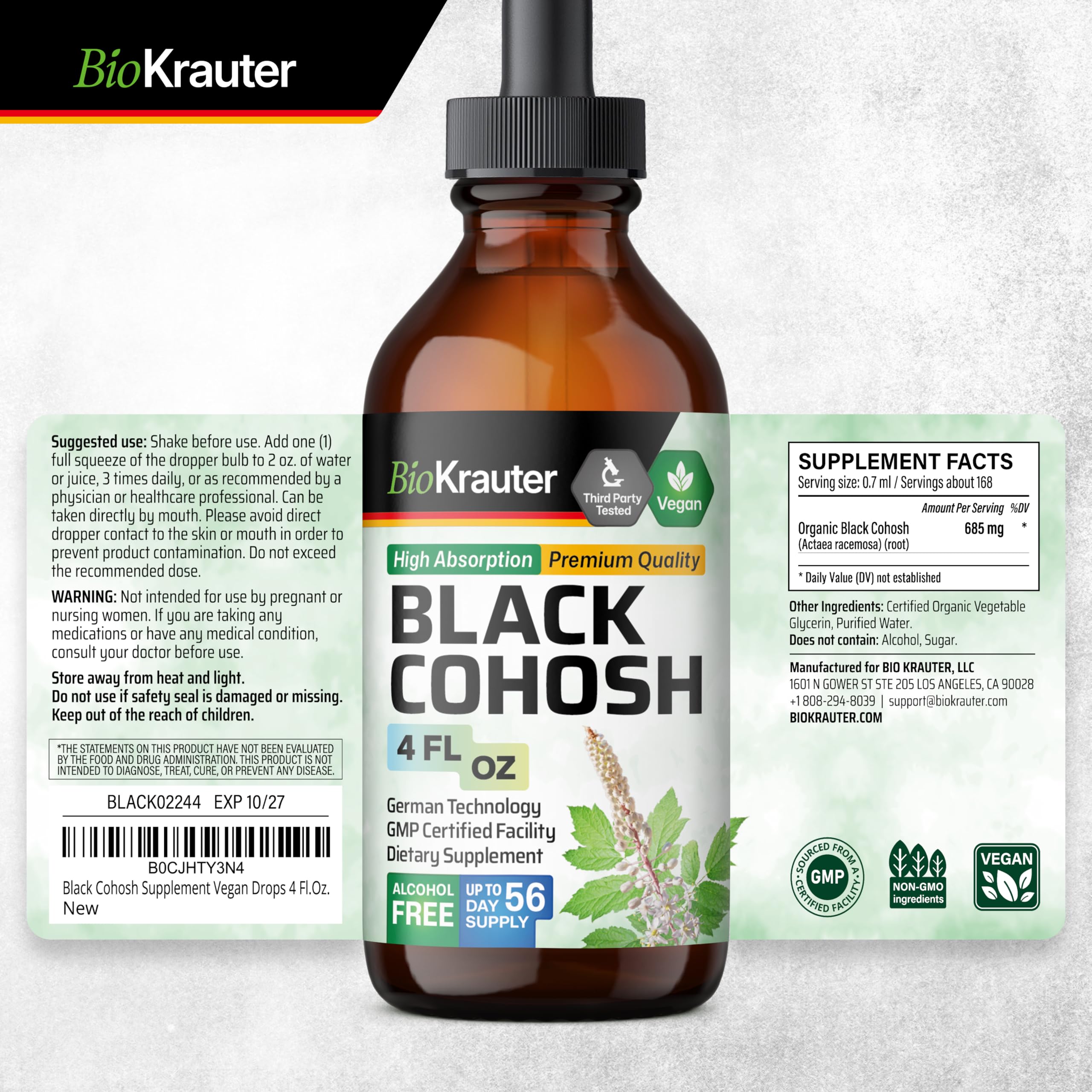 BIO KRAUTER Black Cohosh Root Tincture with glass of water