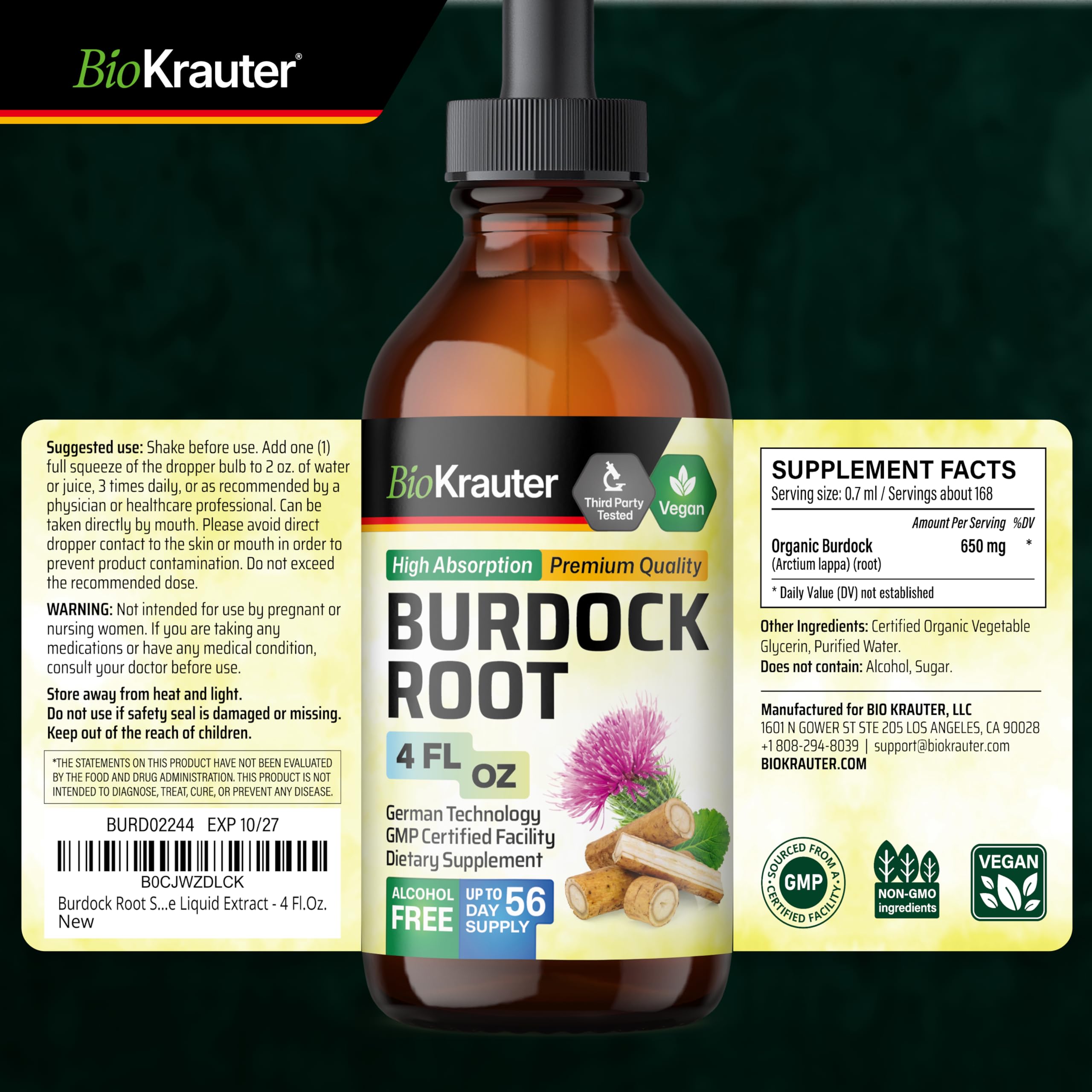 BIO KRAUTER Burdock Root Tincture back view with dosage instructions