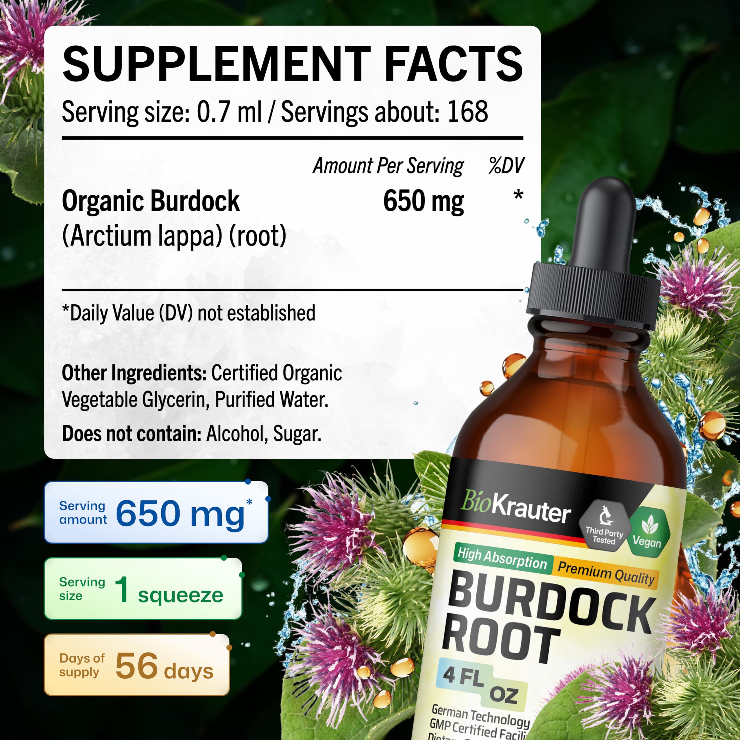 BIO KRAUTER Burdock Root Tincture in a glass with water