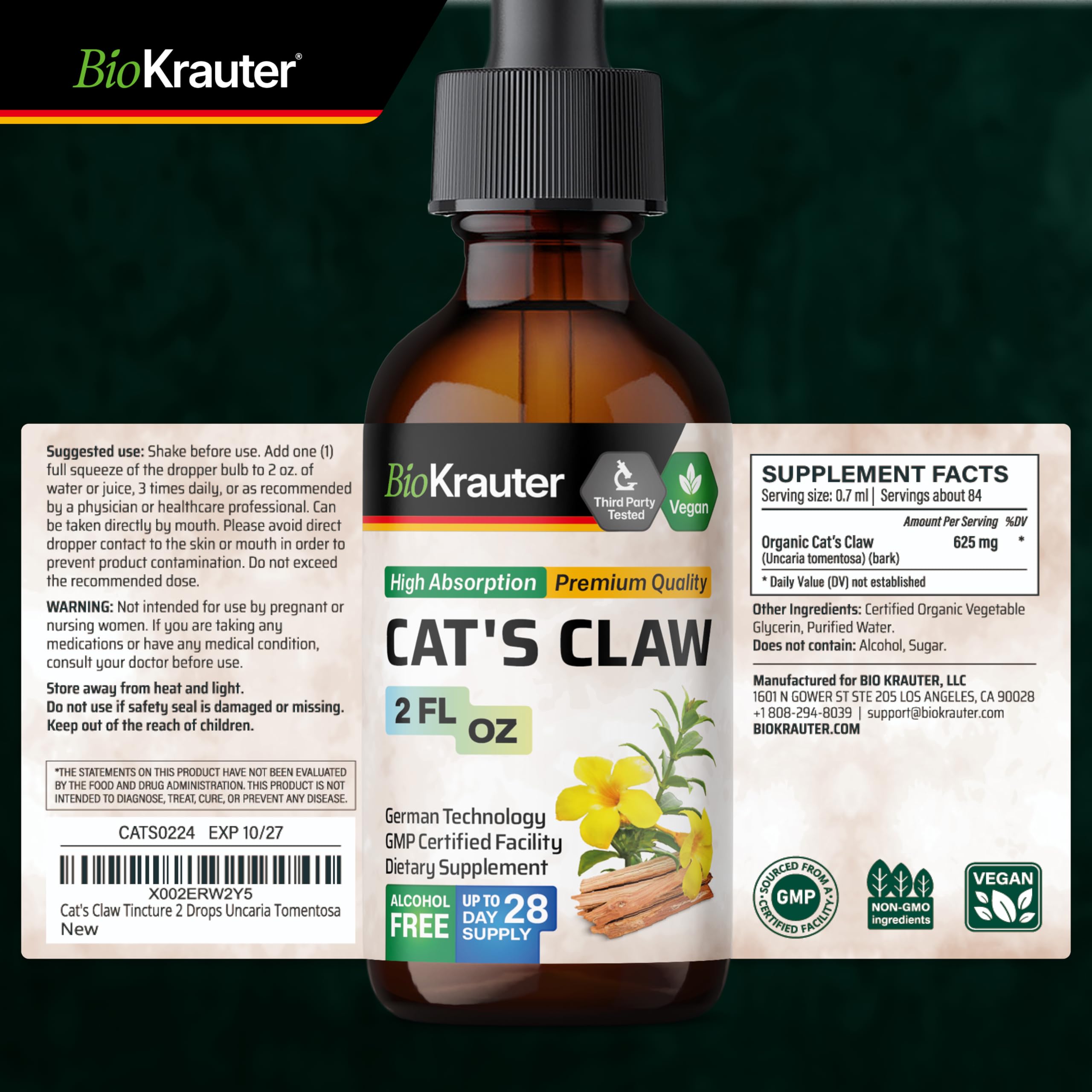 BIO KRAUTER Cat's Claw Tincture back view with dosage instructions