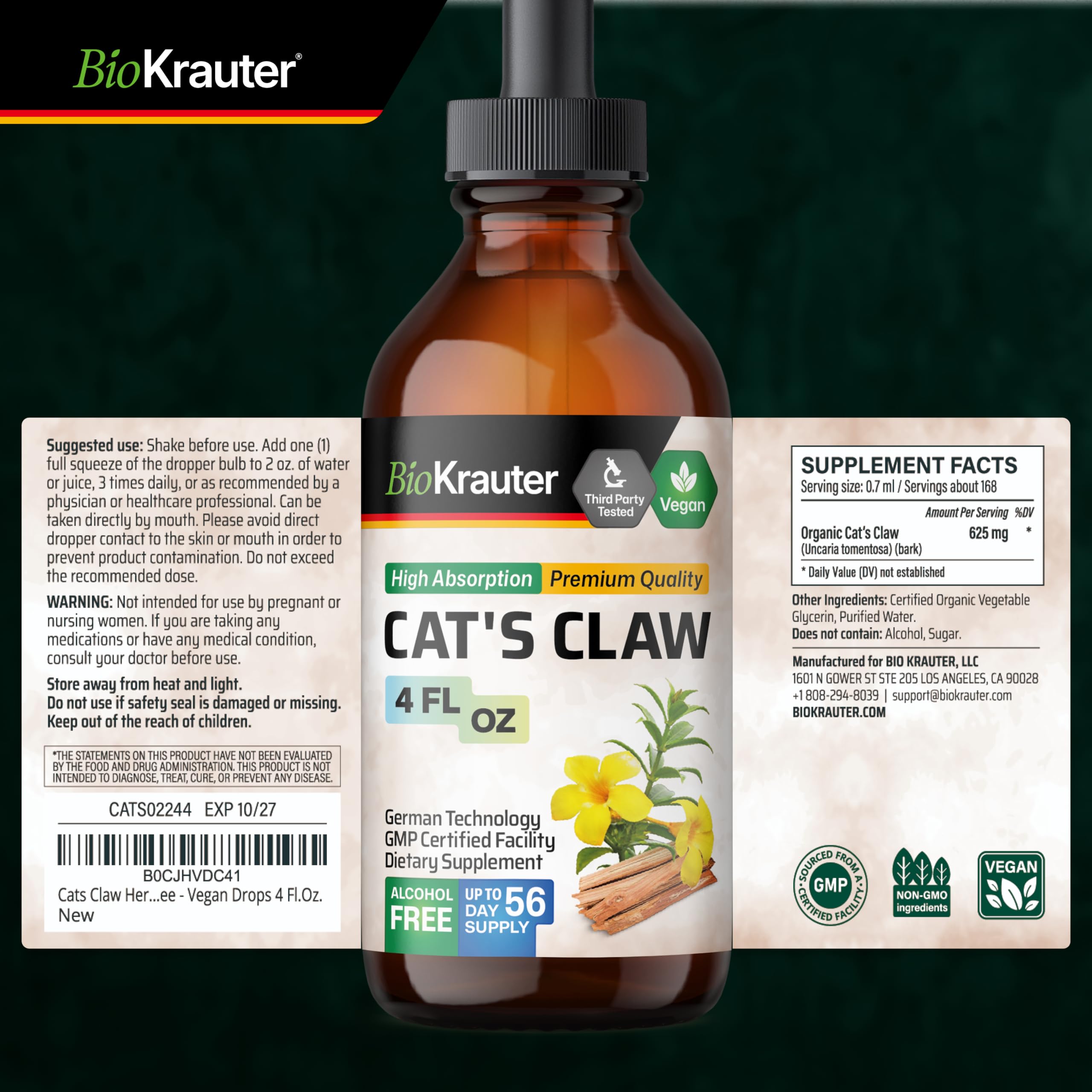 BIO KRAUTER Cat's Claw Tincture lifestyle scene with fresh ingredients