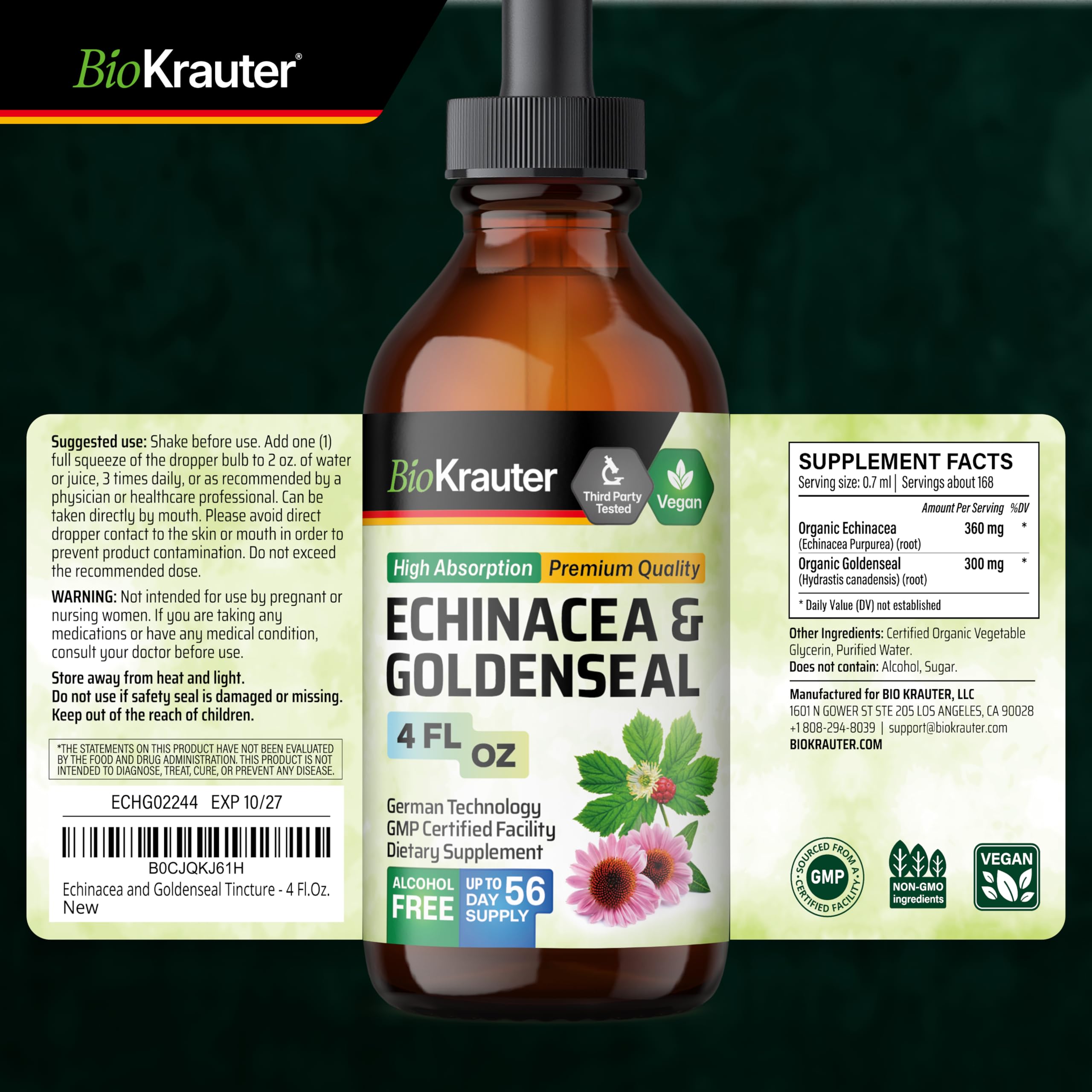 BIO KRAUTER Echinacea Goldenseal Liquid Drops bottle on a wooden table
