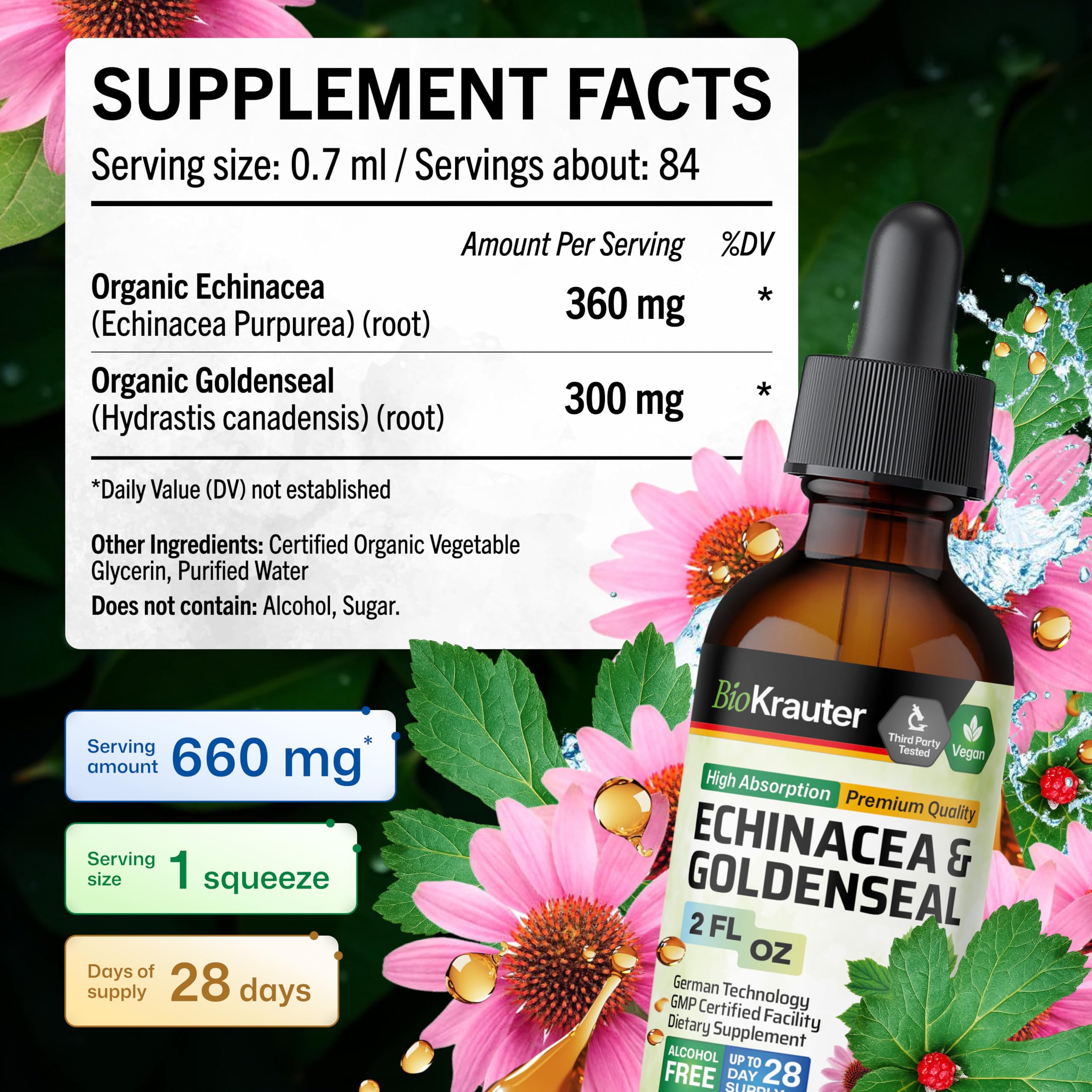 BIO KRAUTER Echinacea Goldenseal Liquid Drops in a glass of water