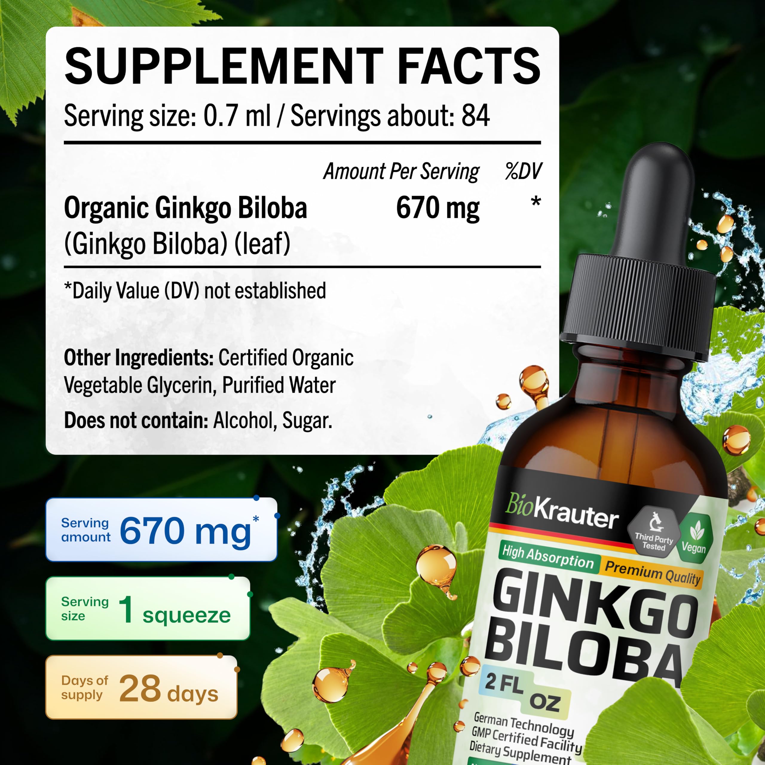 BIO KRAUTER Ginkgo Biloba Liquid Extract with glass of water