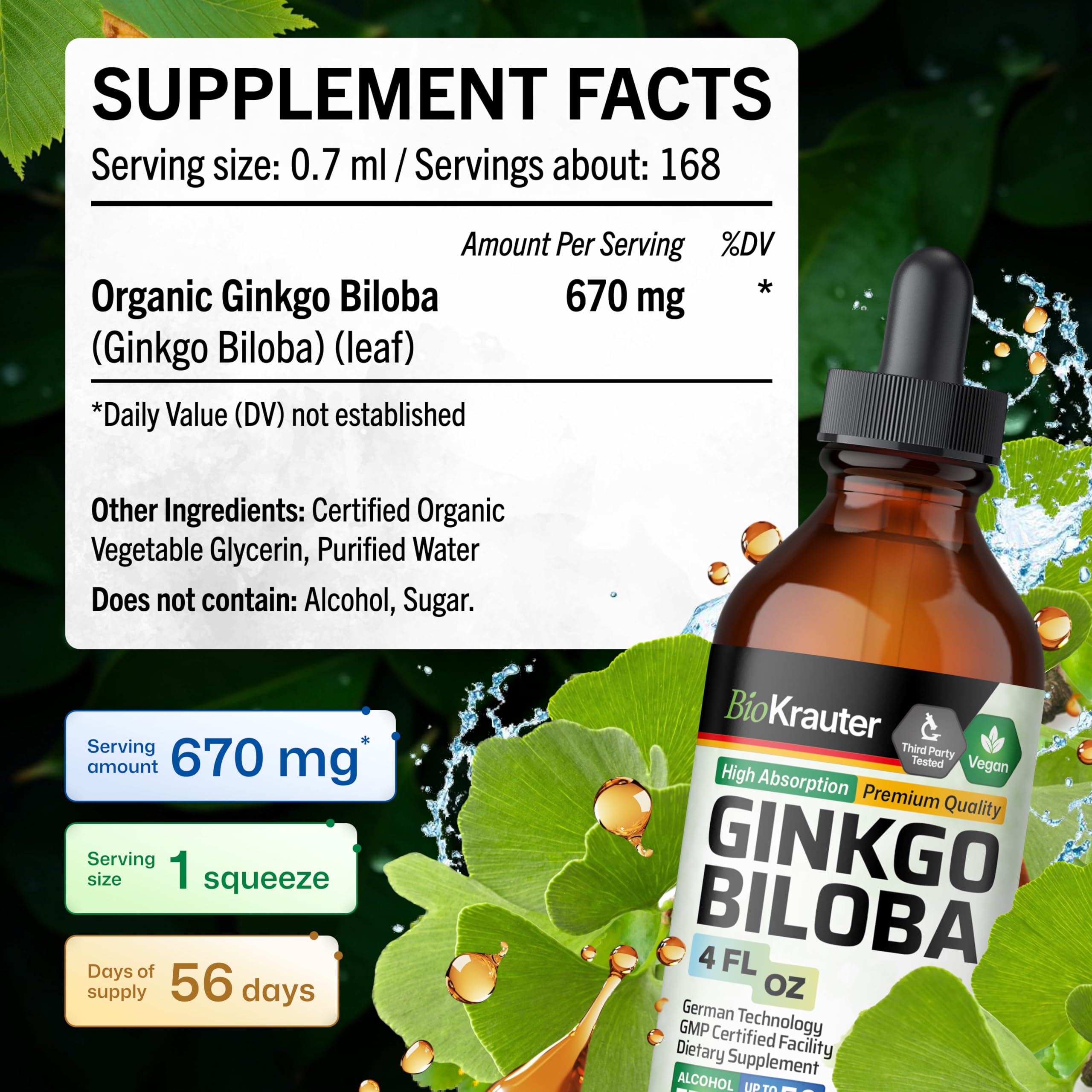 BIO KRAUTER Ginkgo Biloba Liquid Extract with glass of water