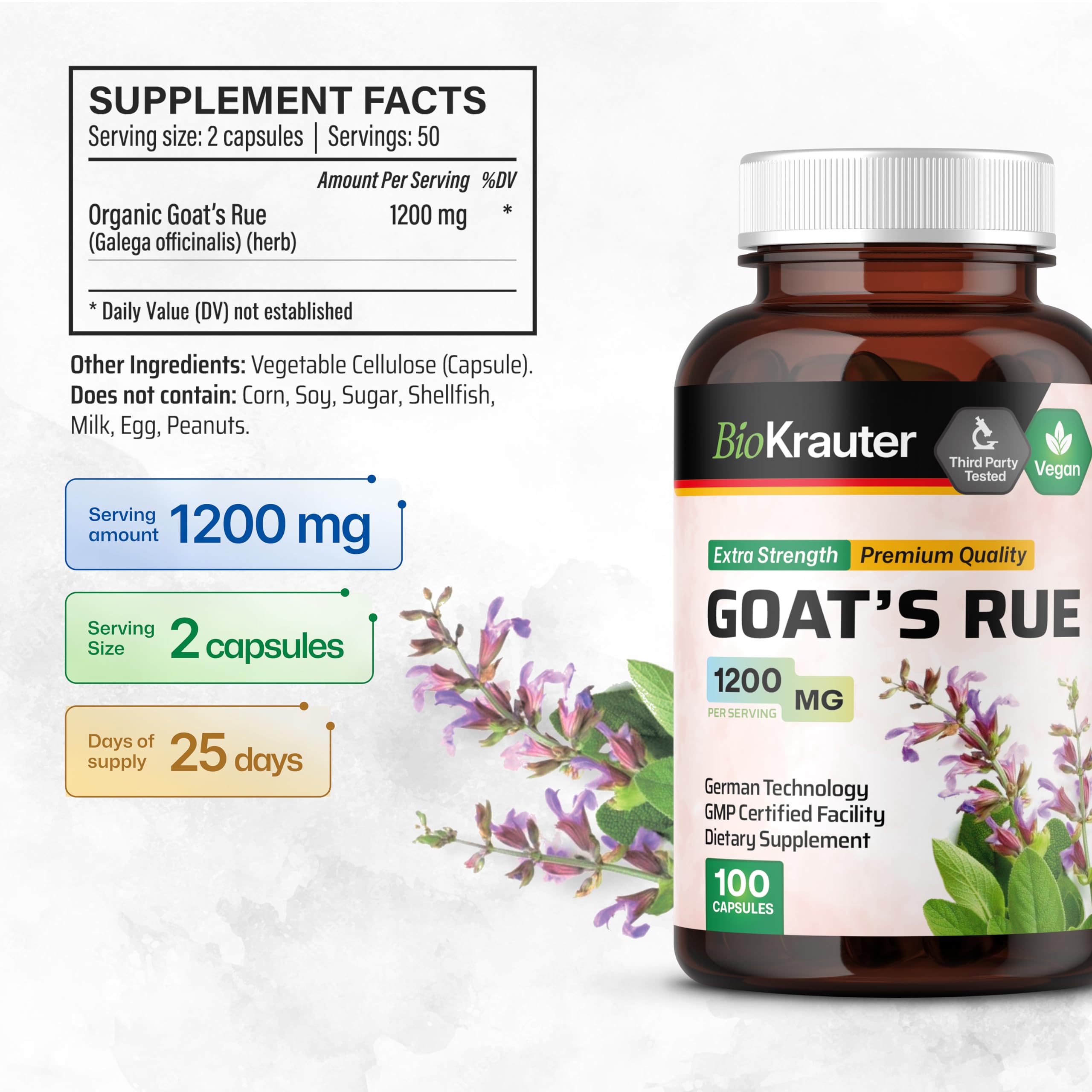 BIO KRAUTER Goat's Rue Lactation Supplement side view with dosage information