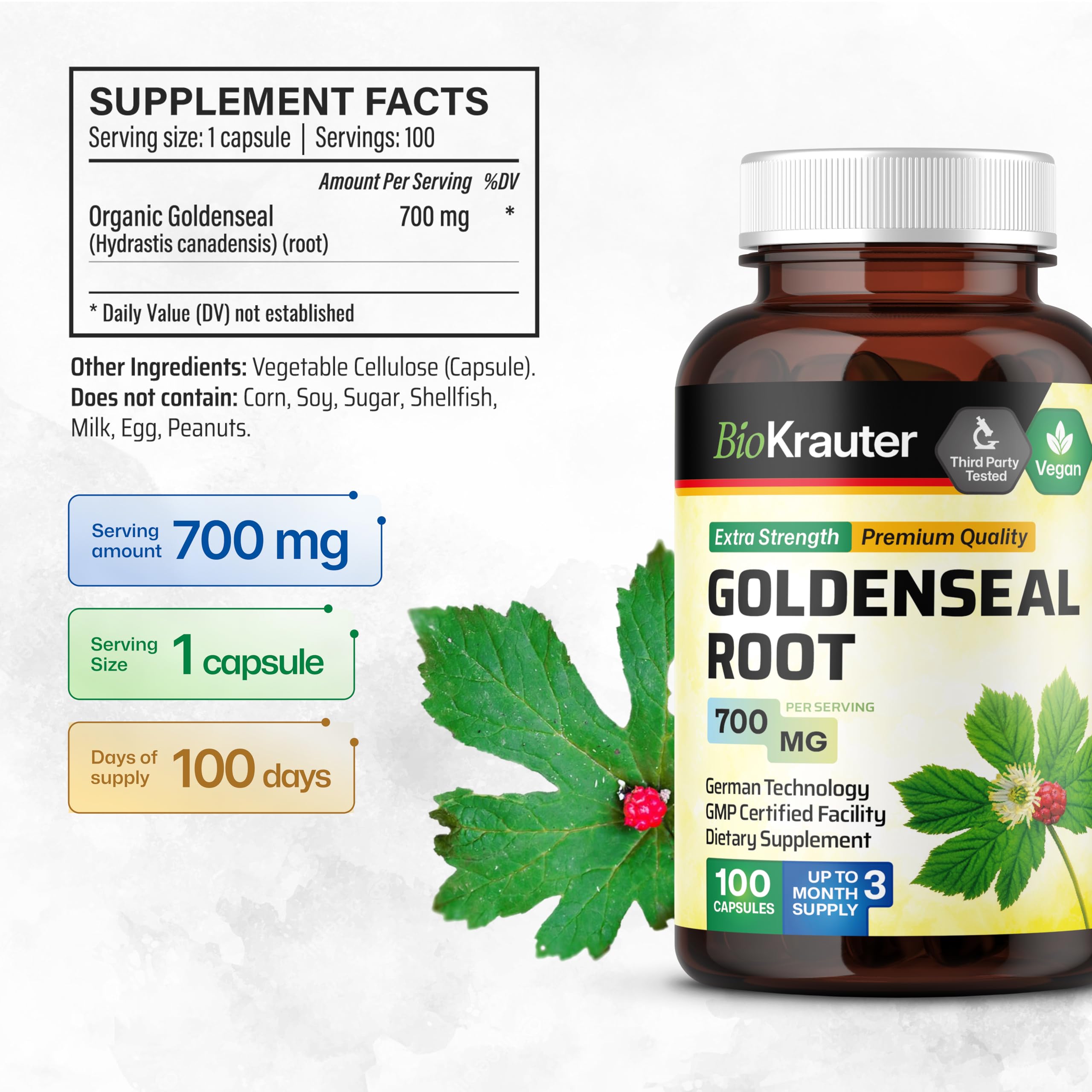 BIO KRAUTER Goldenseal Root Capsules 700mg capsules close-up
