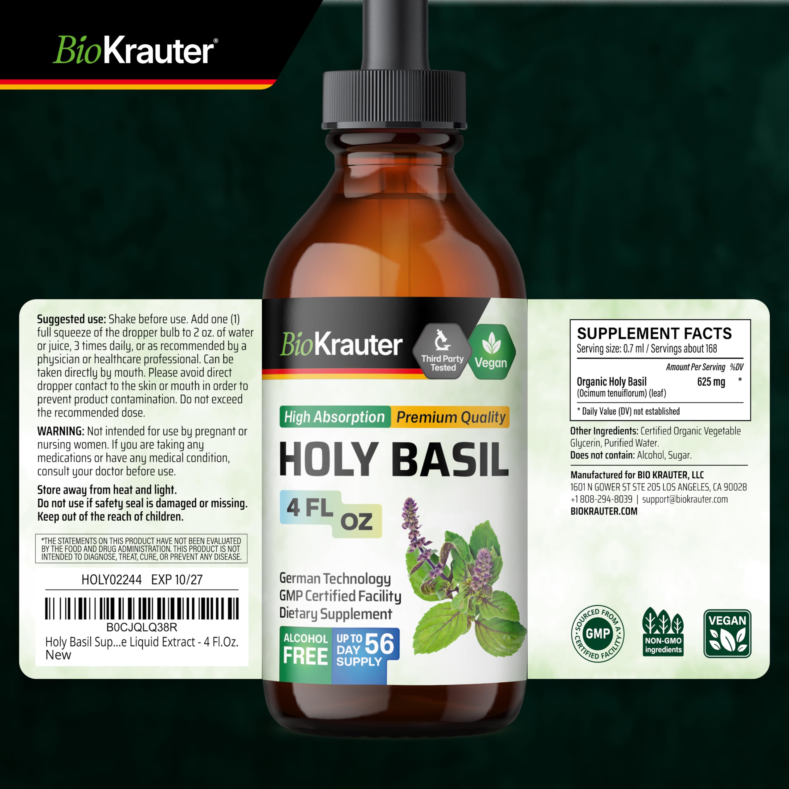 BIO KRAUTER Holy Basil Liquid Extract bottle with glass