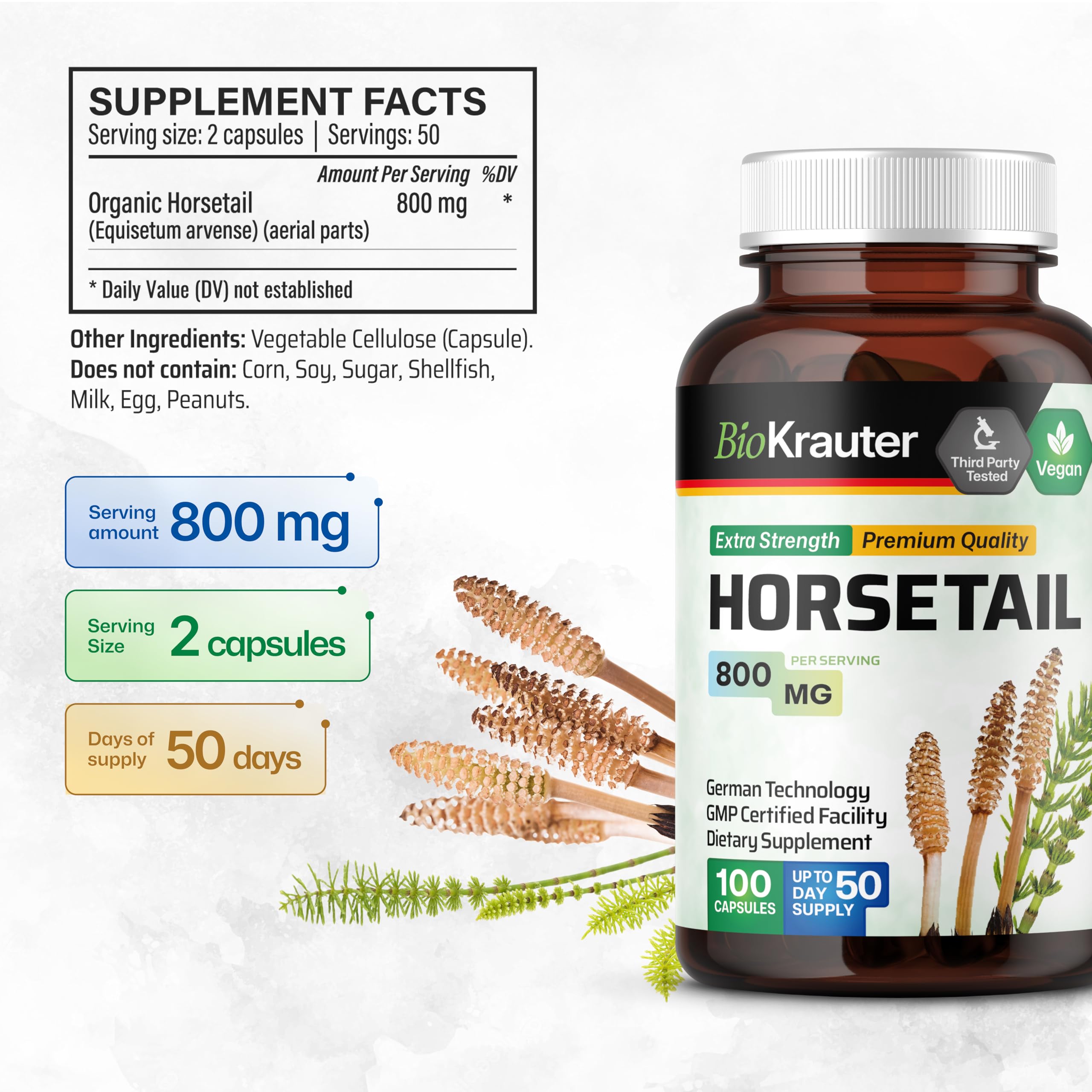 BIO KRAUTER Horsetail Extract Silica Capsules open bottle with capsules