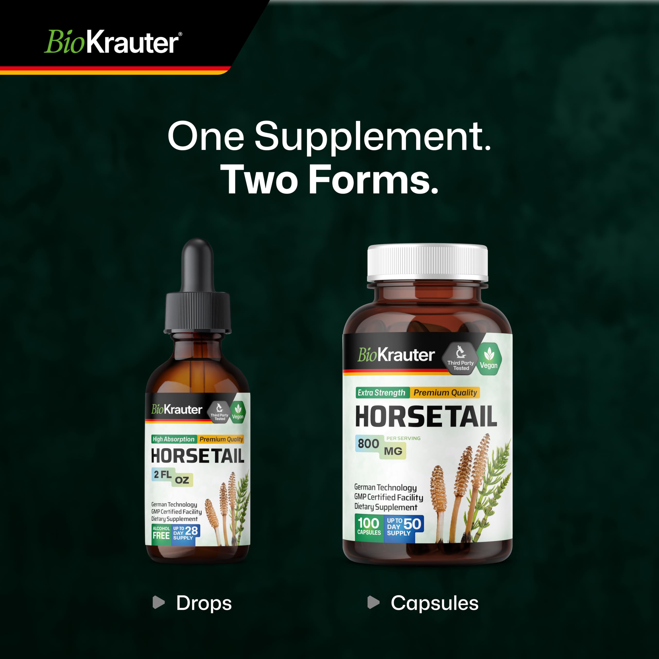 BIO KRAUTER Horsetail Extract Tincture with water glass
