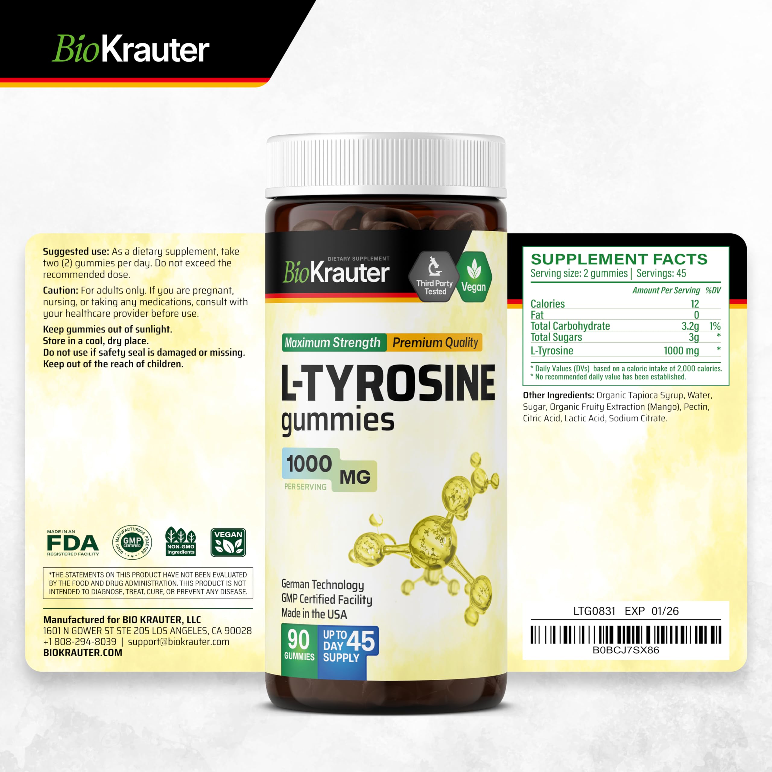 BIO KRAUTER L Tyrosine Gummies 1000mg bottle with cap open