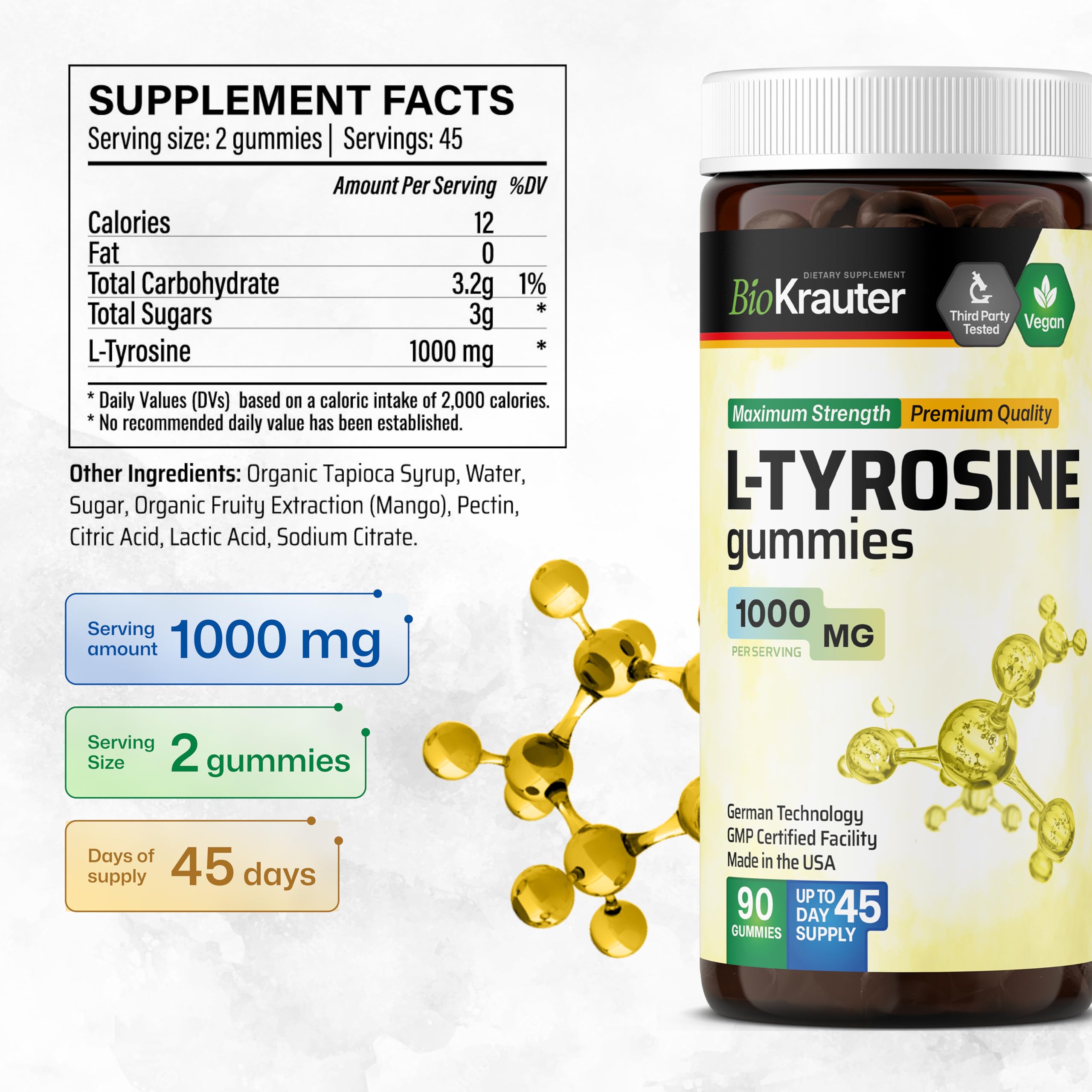 BIO KRAUTER L Tyrosine Gummies 1000mg gummies on a table