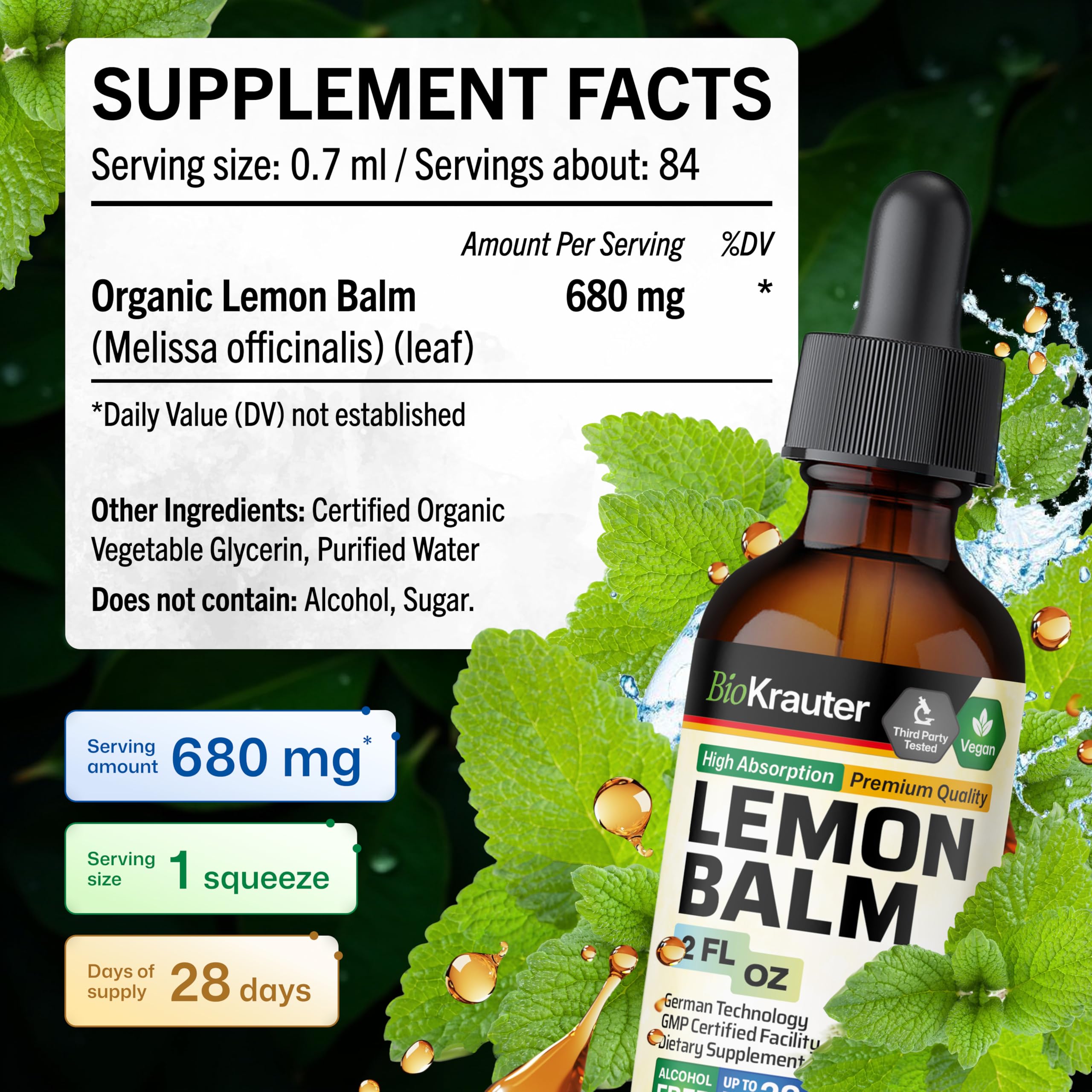 BIO KRAUTER Lemon Balm Drops 680mg with measuring dropper