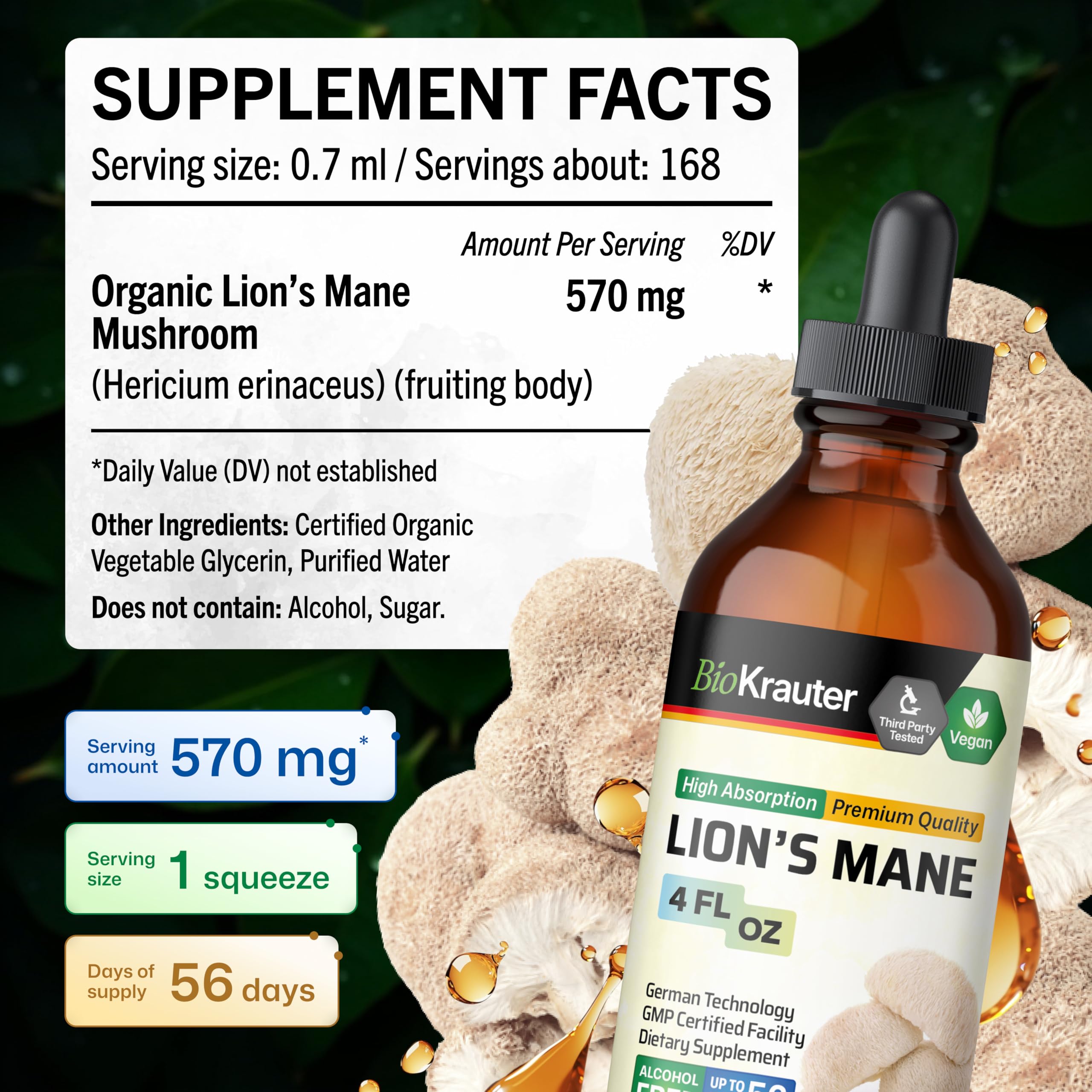 BIO KRAUTER Lion's Mane Tincture 177g dropper close-up