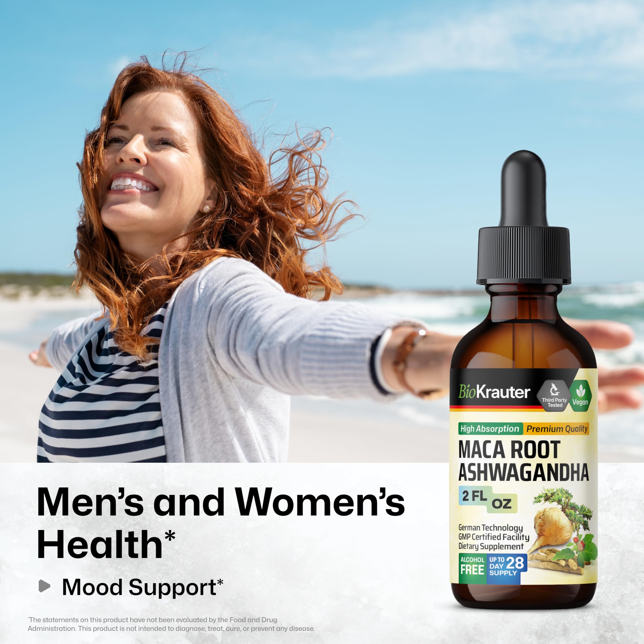 BIO KRAUTER Maca & Ashwagandha Tincture bottle with dropper