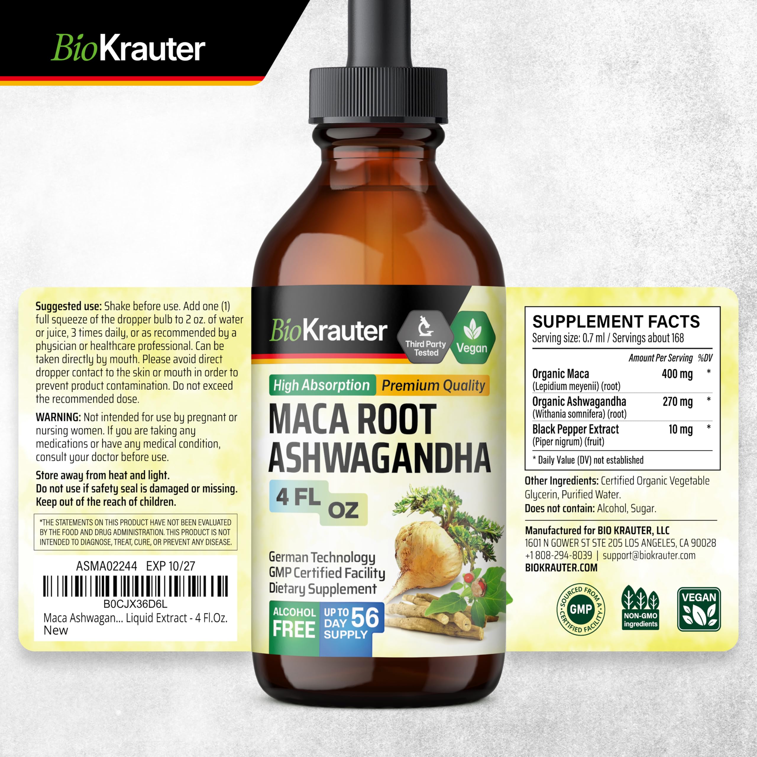 BIO KRAUTER Maca & Ashwagandha Tincture bottle with drops