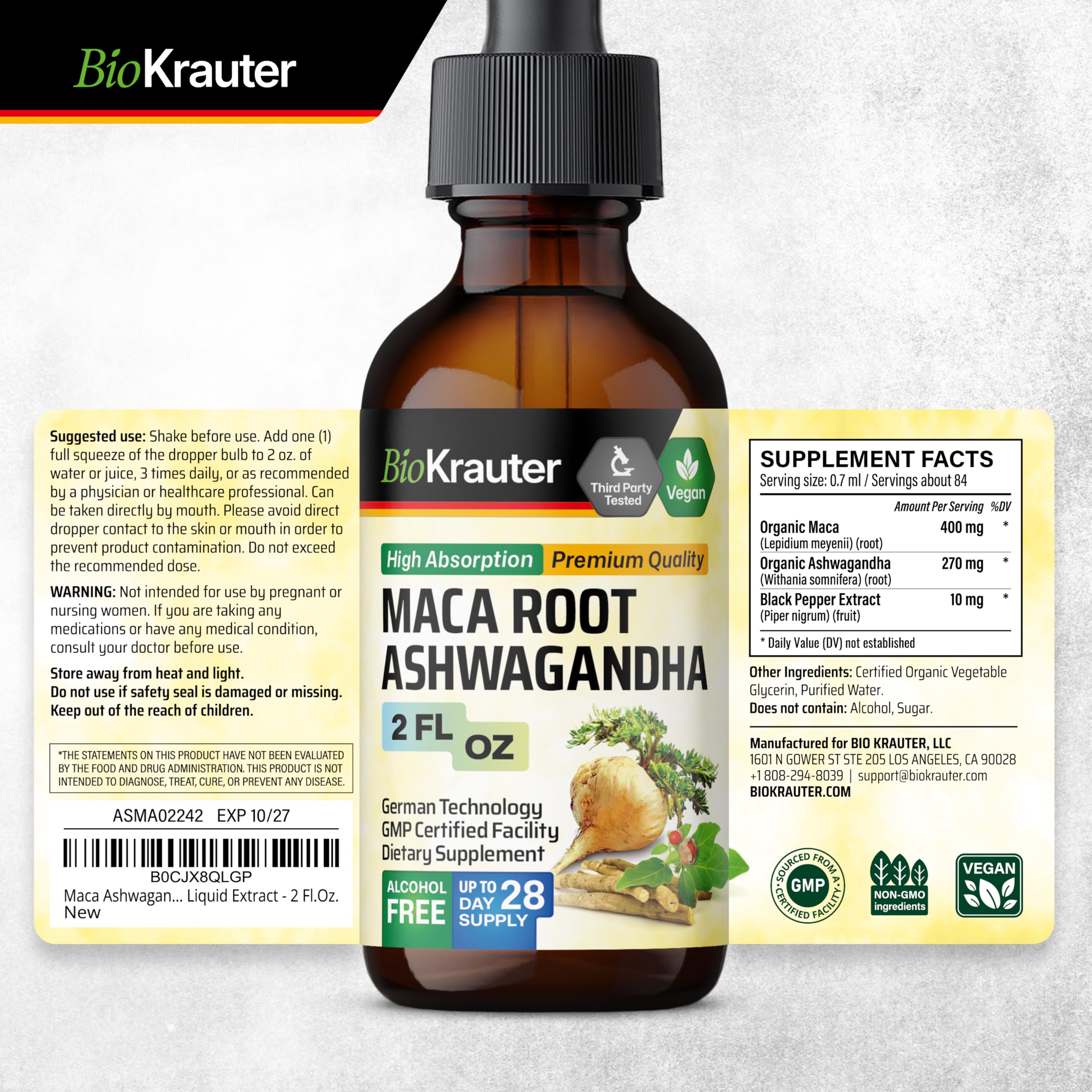 BIO KRAUTER Maca & Ashwagandha Tincture on a wooden table