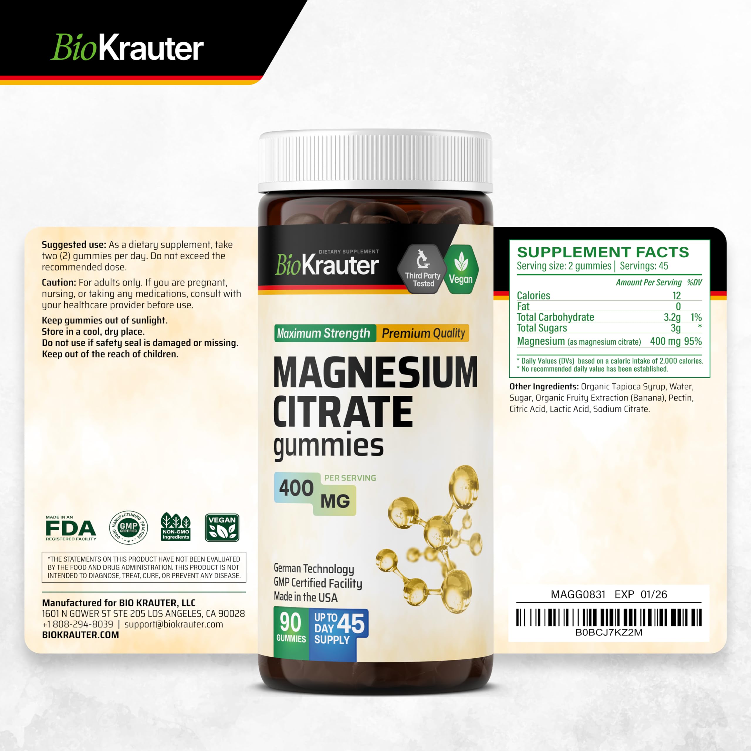 BIO KRAUTER Magnesium Gummies 400mg bottle with background