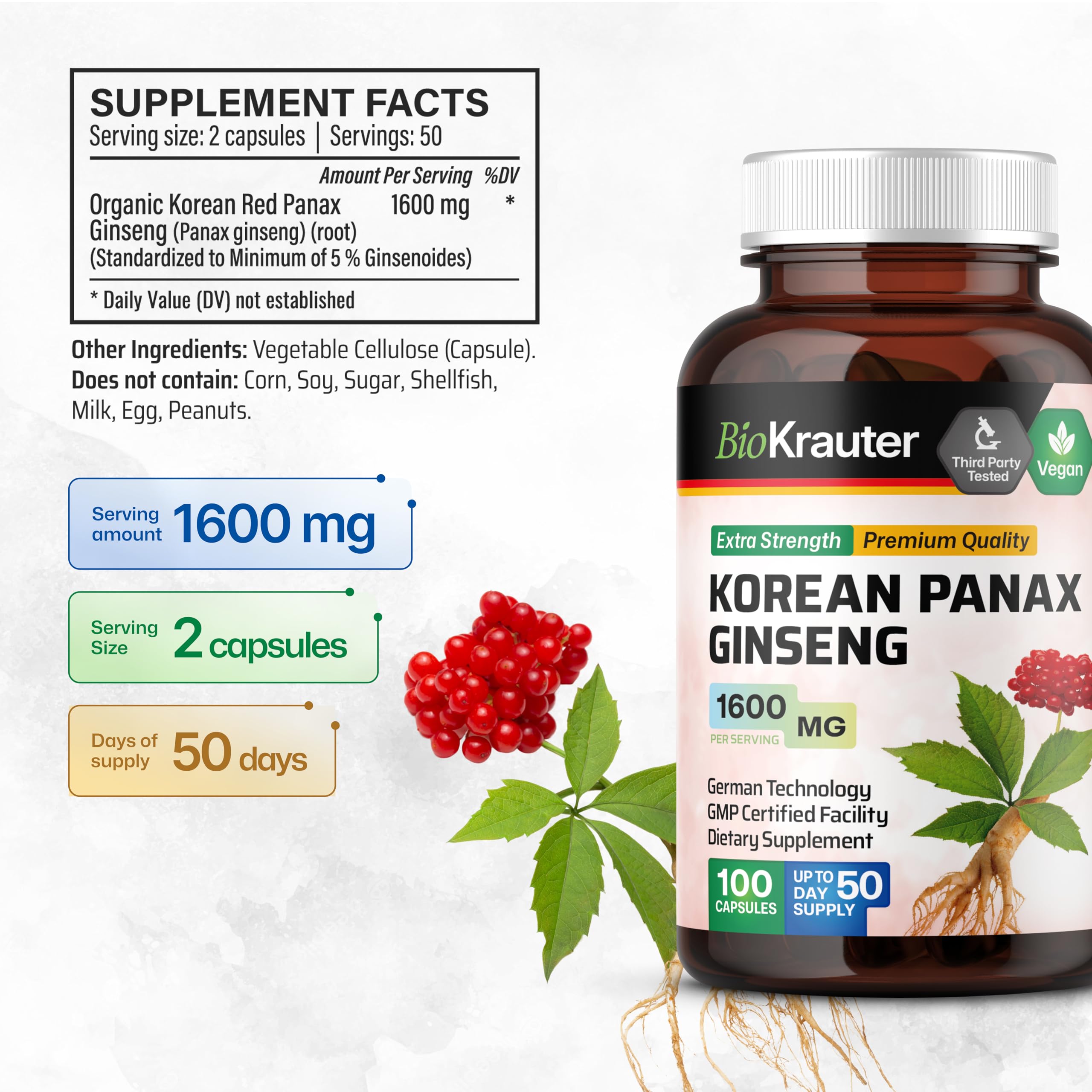 BIO KRAUTER Panax Ginseng Capsules back view with ingredient list