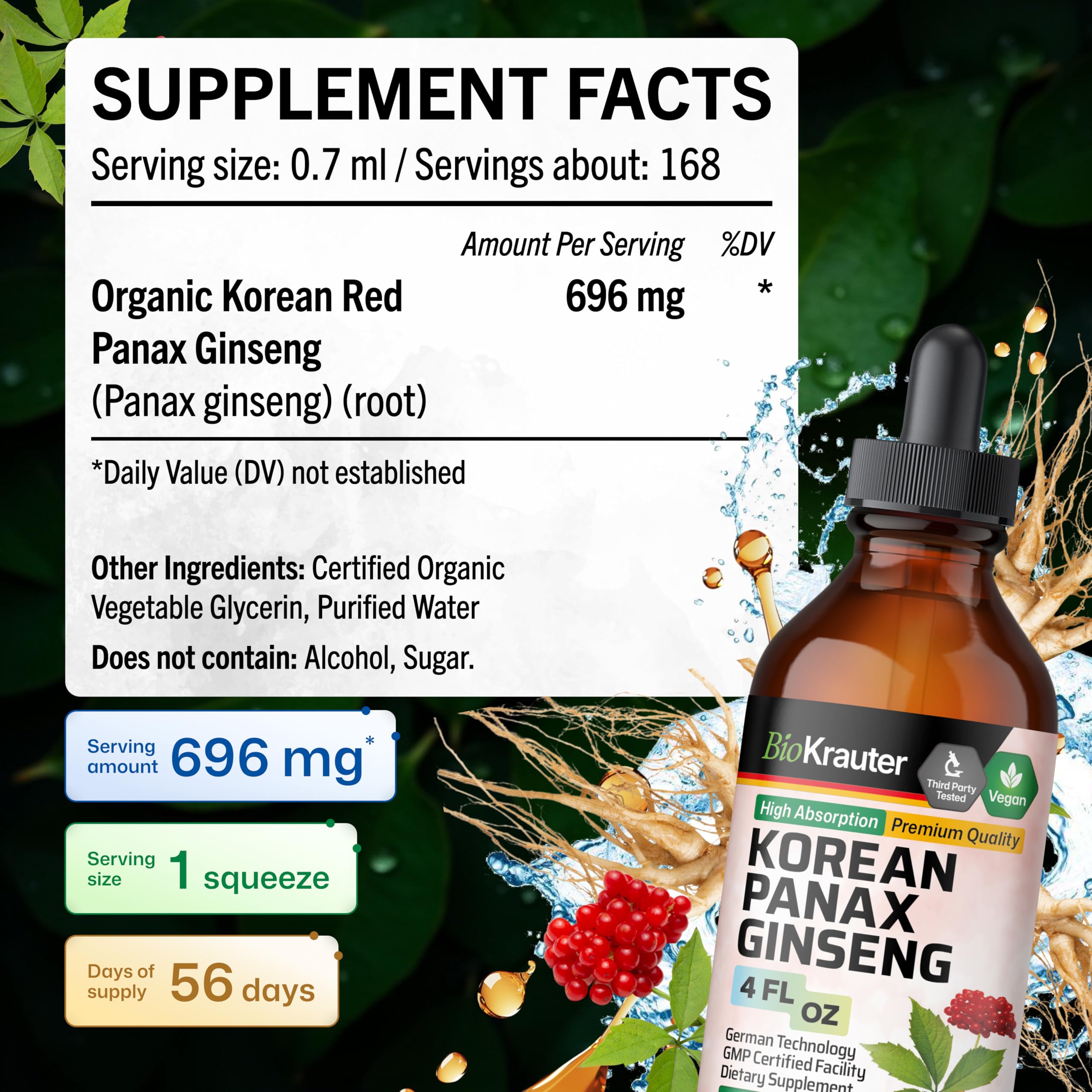 BIO KRAUTER Panax Ginseng Extract drops in a glass of water