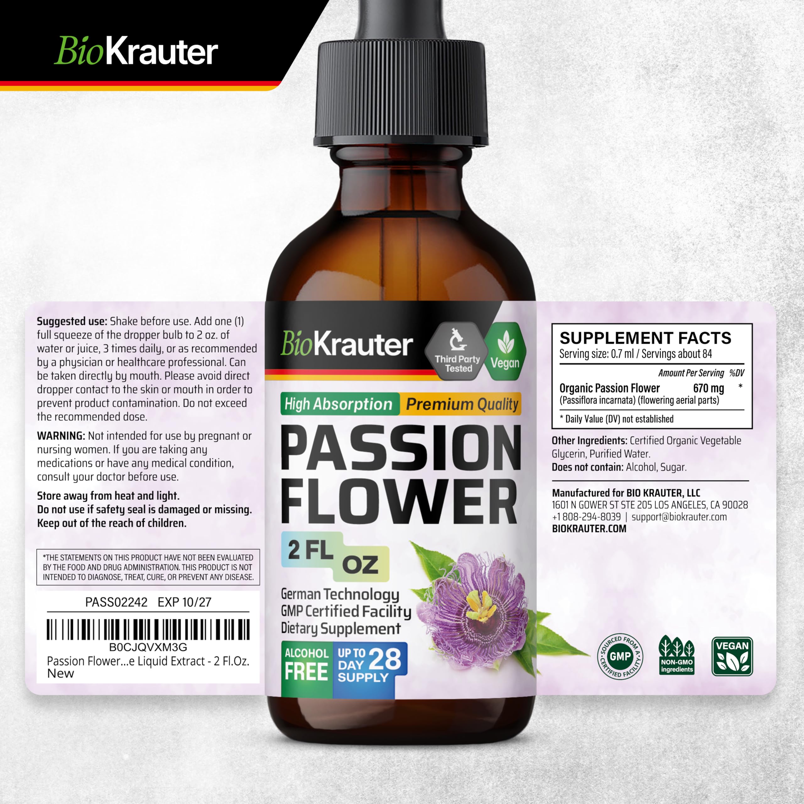 BIO KRAUTER Passionflower Tincture with water glass