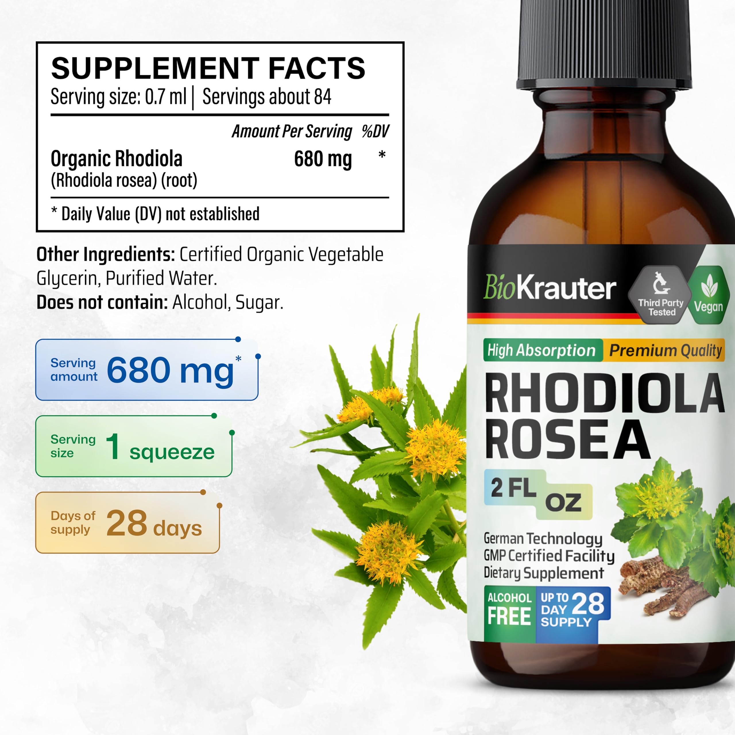 BIO KRAUTER Rhodiola Rosea Drops 2 fl oz back view showing ingredients