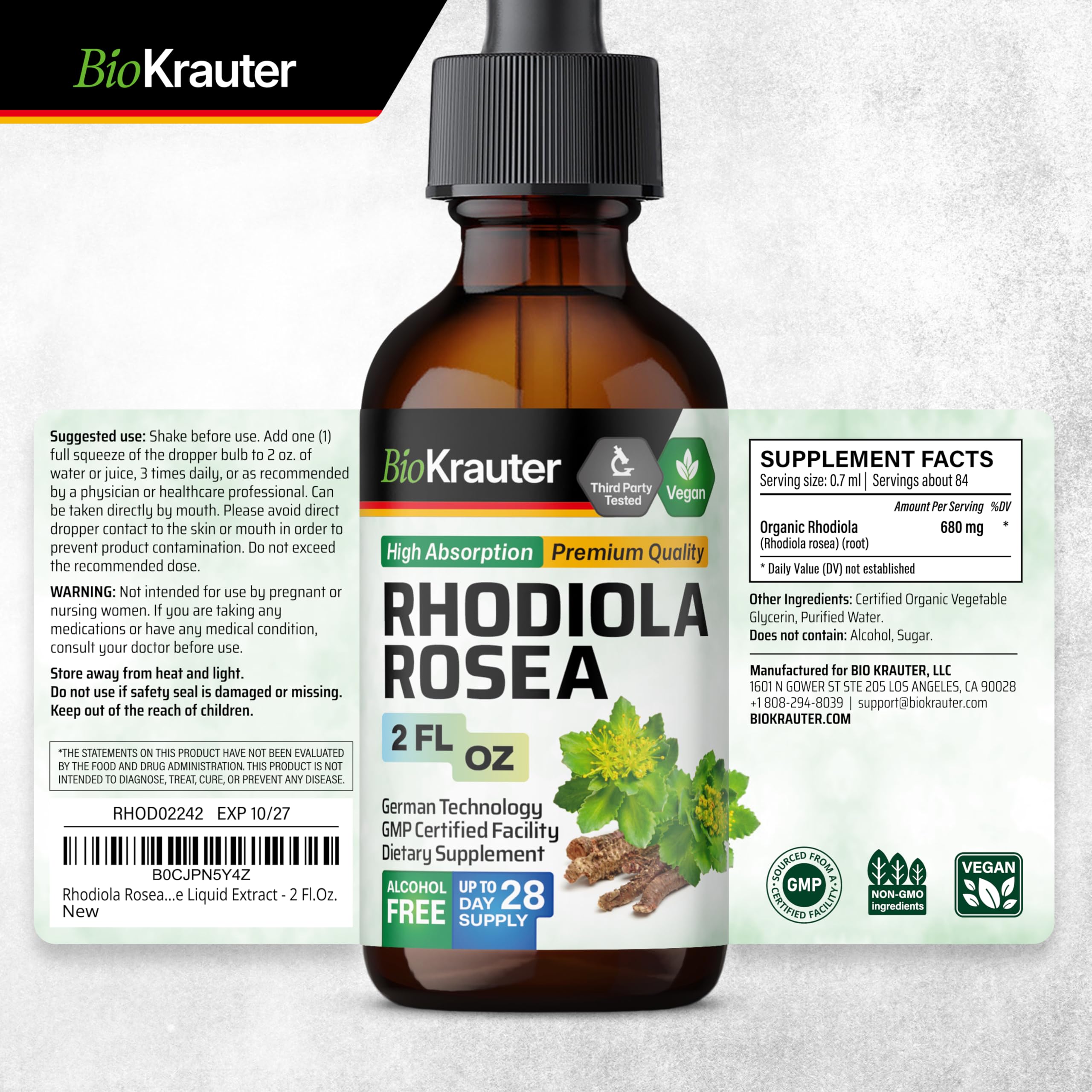 BIO KRAUTER Rhodiola Rosea Drops 2 fl oz packaging with measurements
