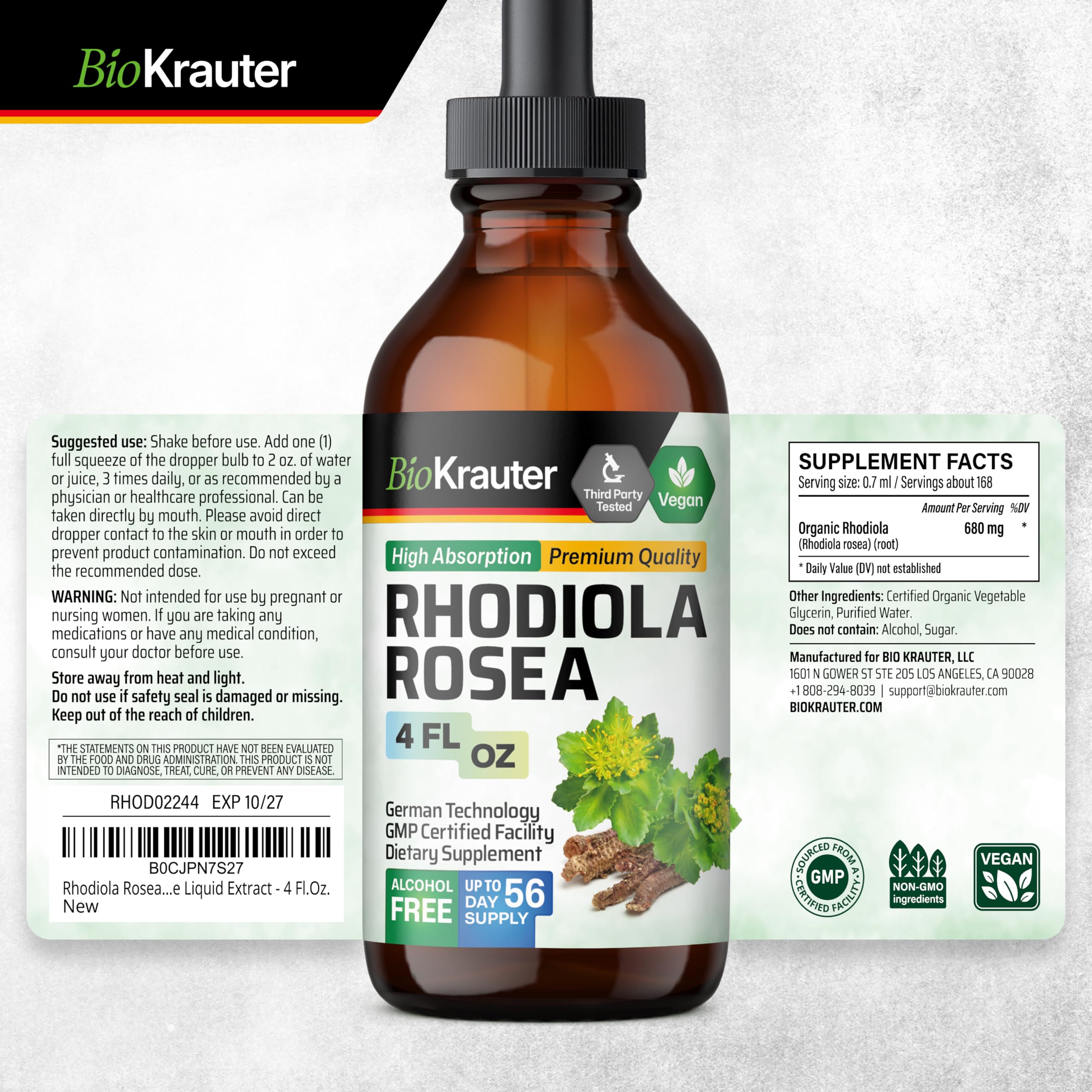 BIO KRAUTER Rhodiola Rosea Drops 680mg label detail