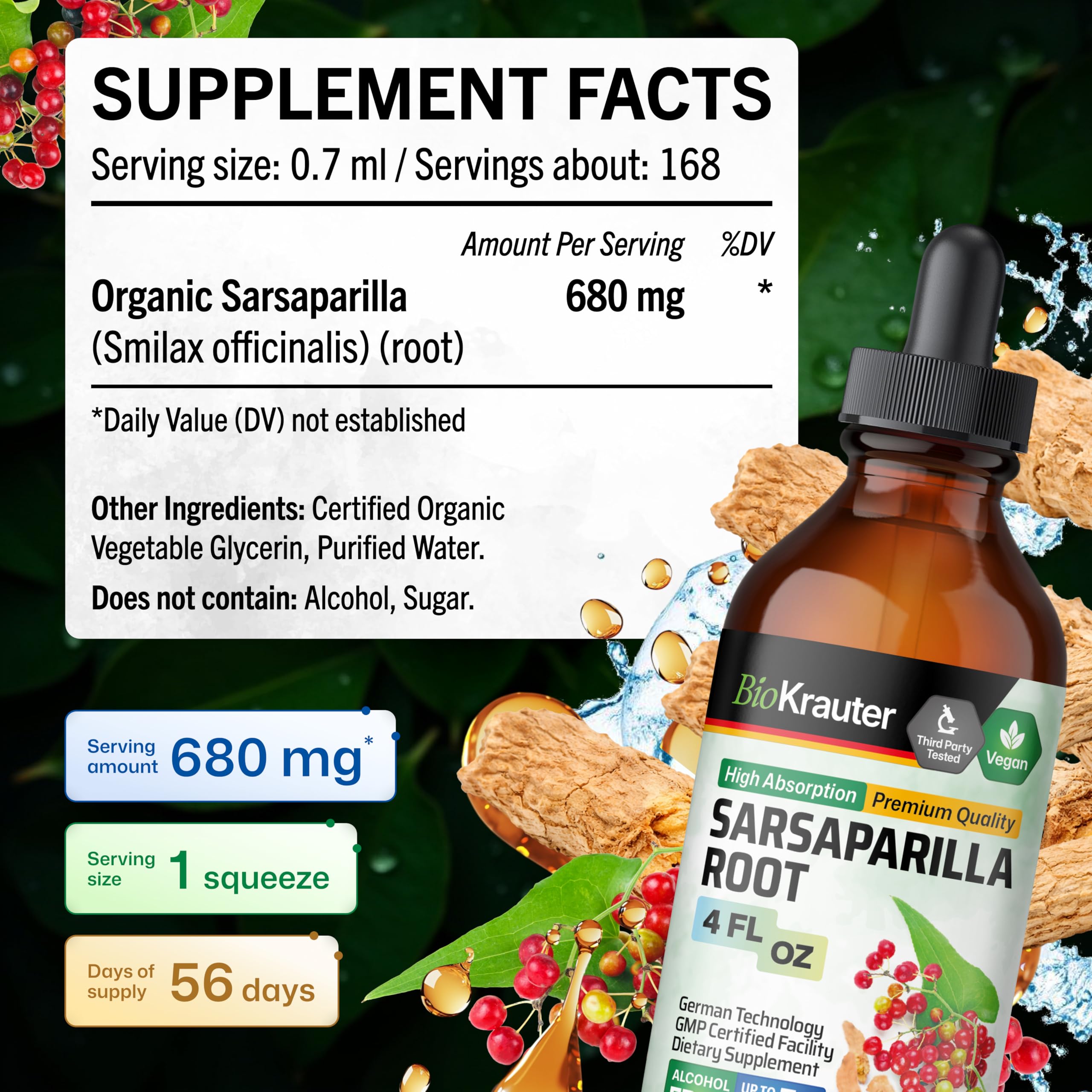 BIO KRAUTER Sarsaparilla Root Drops lifestyle scene with glass of water