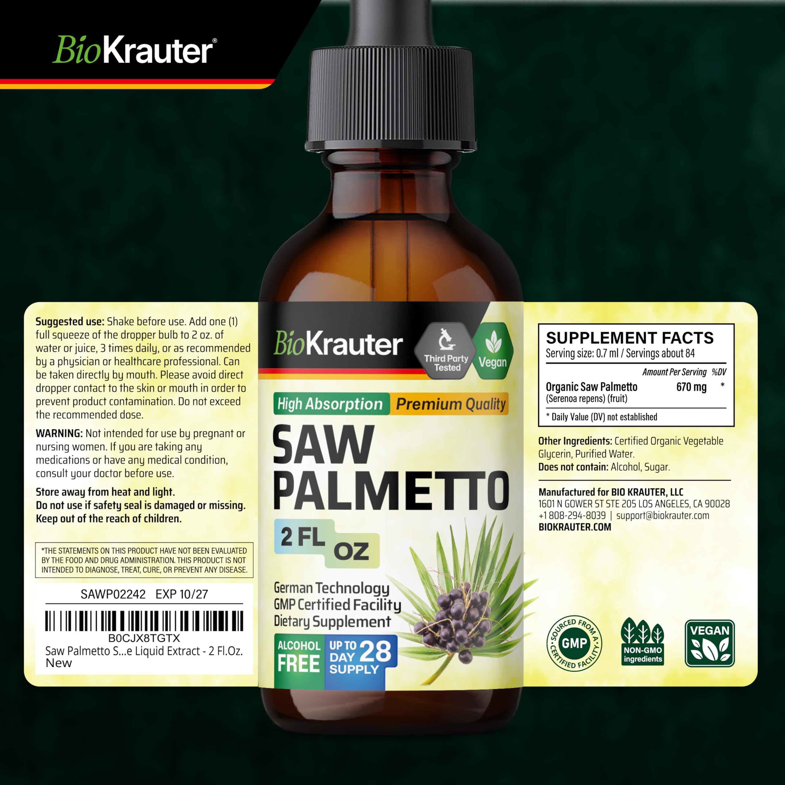BIO KRAUTER Saw Palmetto Supplement on a wooden table