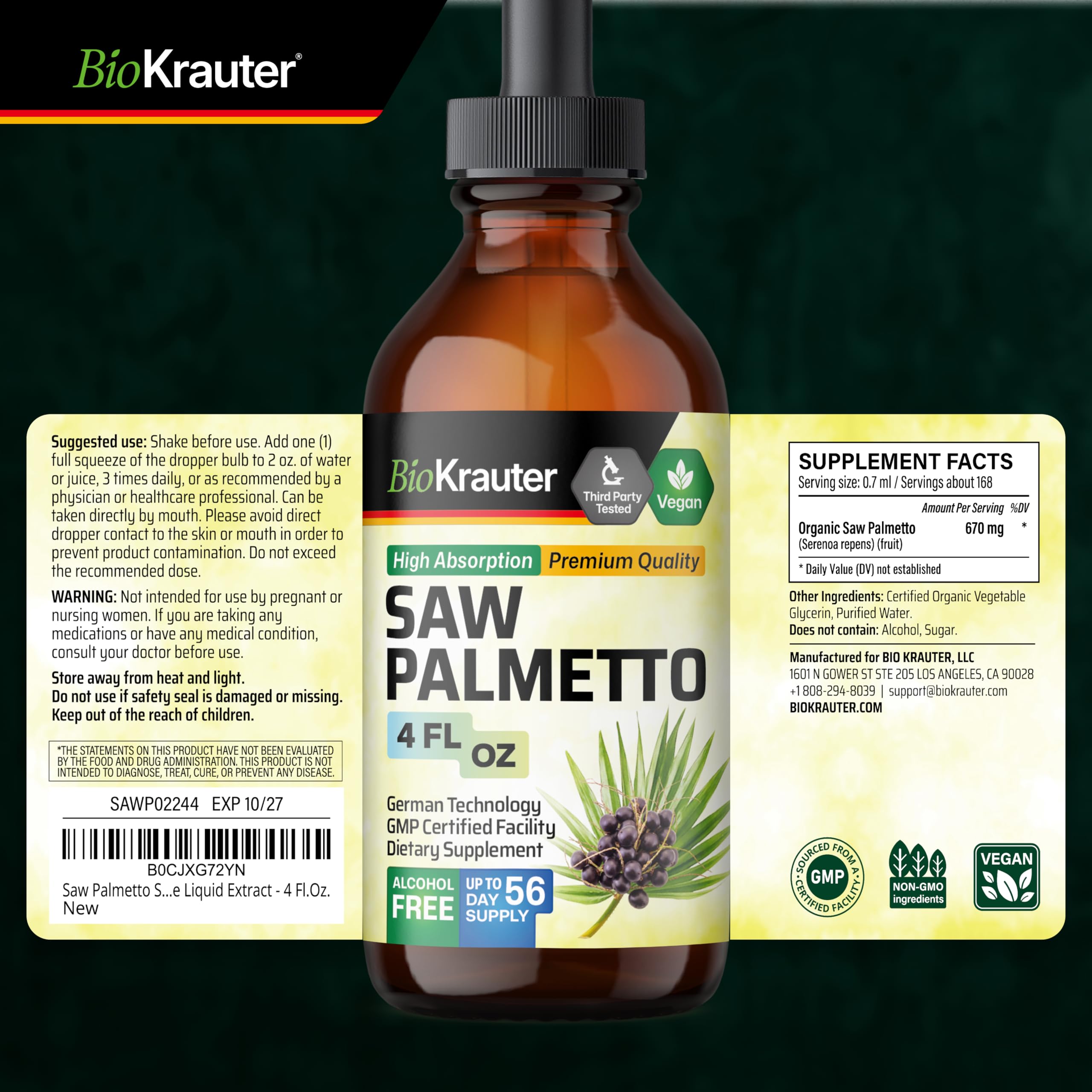 BIO KRAUTER Saw Palmetto Tincture with glass of water