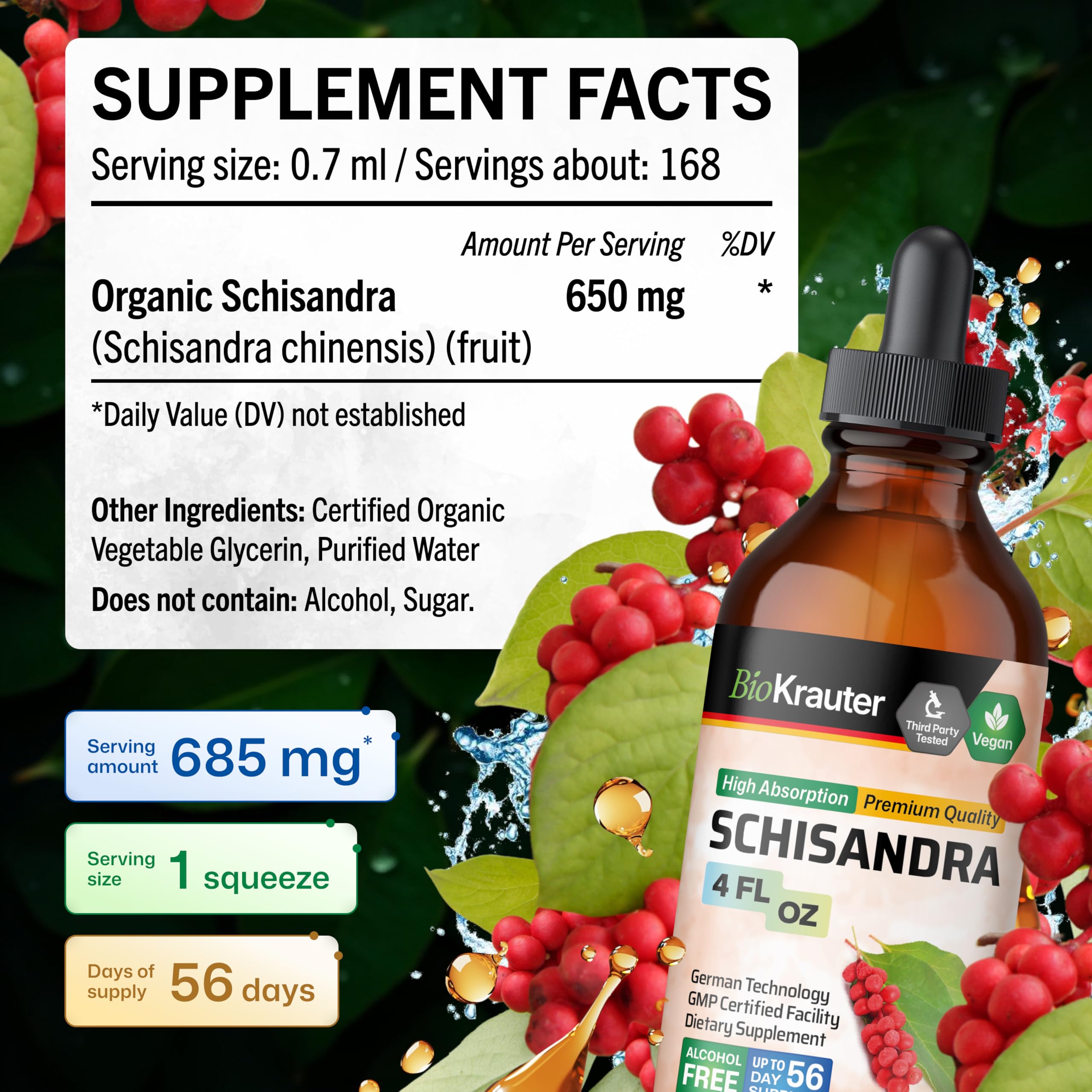 BIO KRAUTER Schisandra Supplement 4 fl oz bottle with liquid pour