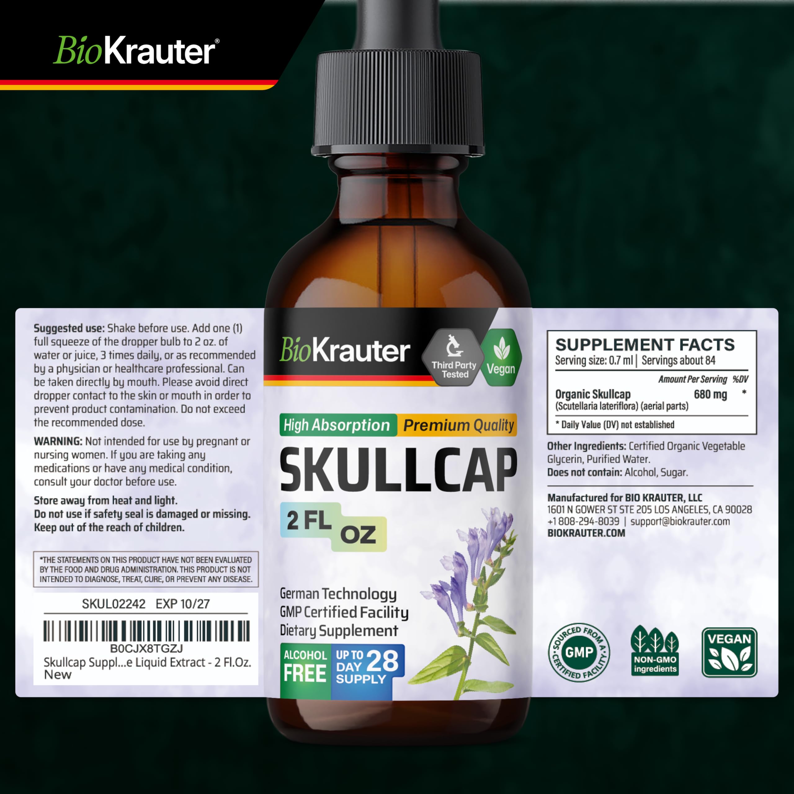 BIO KRAUTER Skullcap Tincture with glass of water