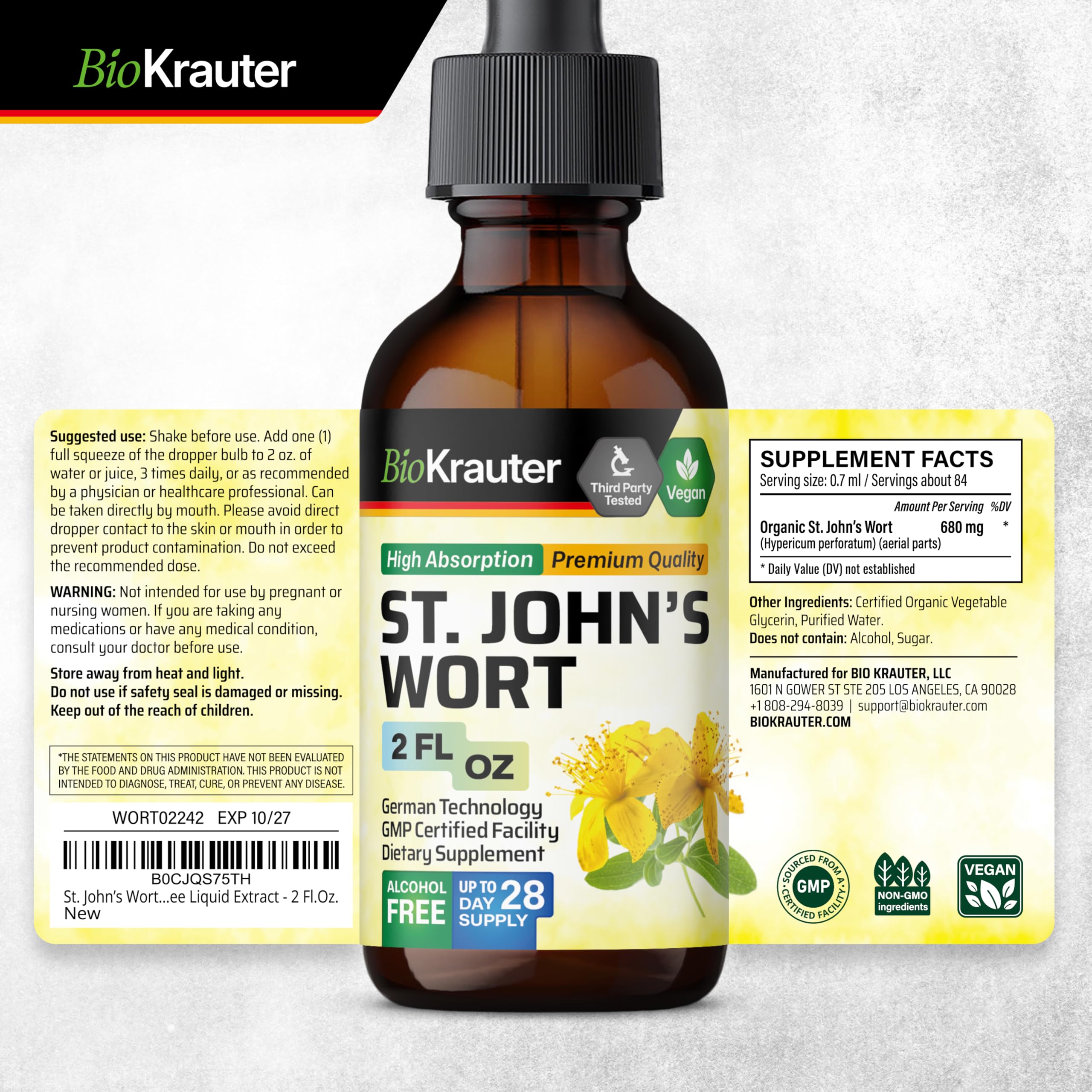 BIO KRAUTER St John's Wort Tincture with a measuring spoon