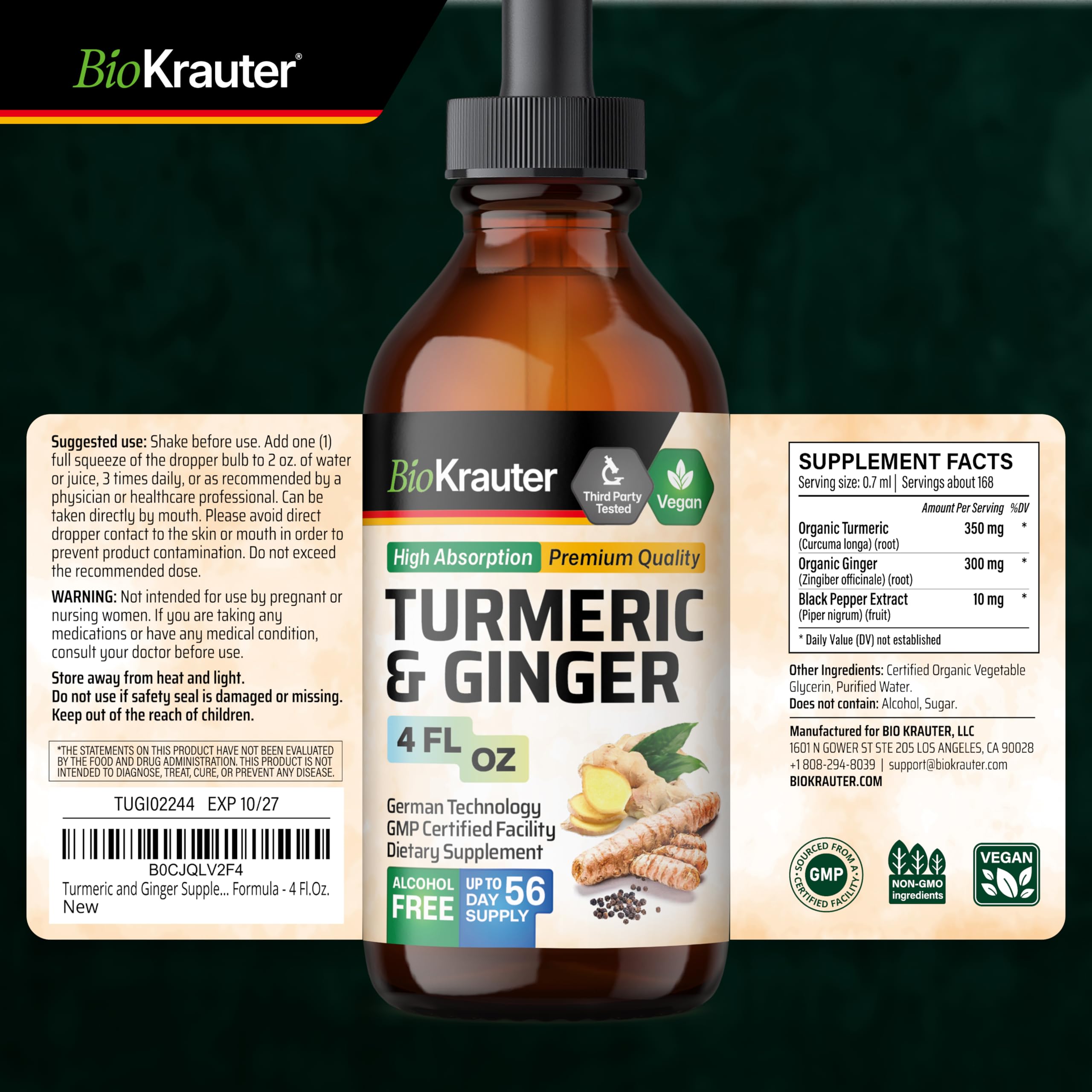 BIO KRAUTER Turmeric and Ginger Liquid Drops on a kitchen counter