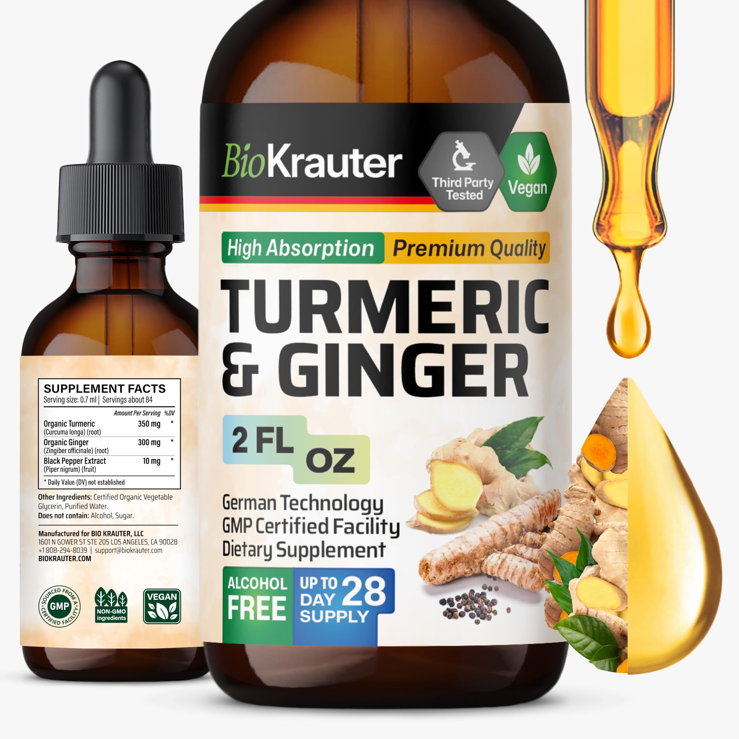 BIO KRAUTER Turmeric and Ginger Liquid Supplement 2 fl oz front view