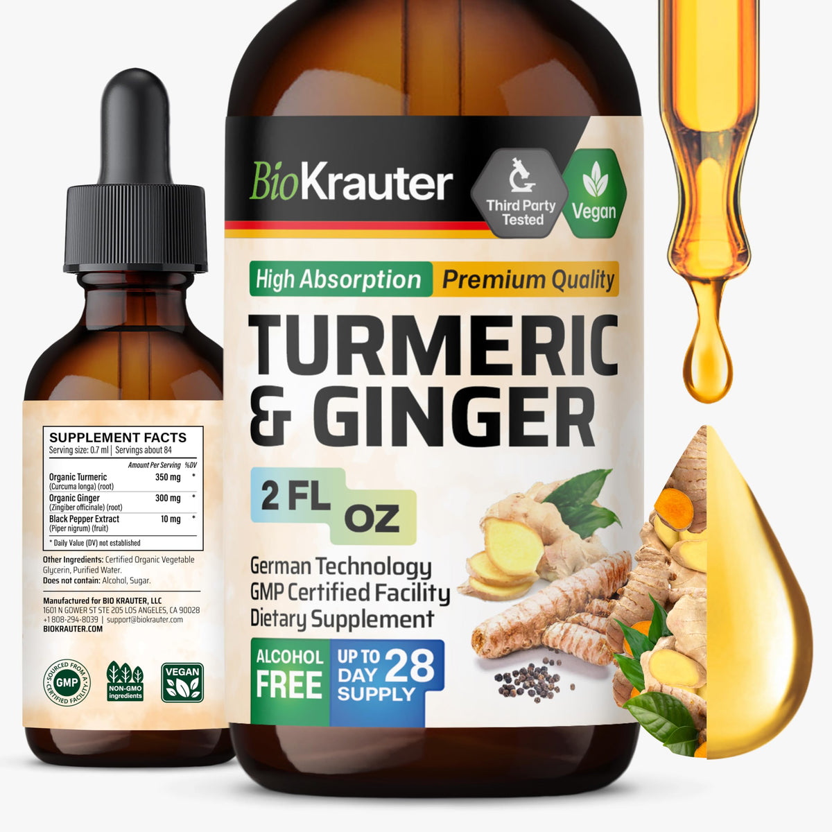 BIO KRAUTER Turmeric and Ginger Liquid Supplement 2 fl oz front view