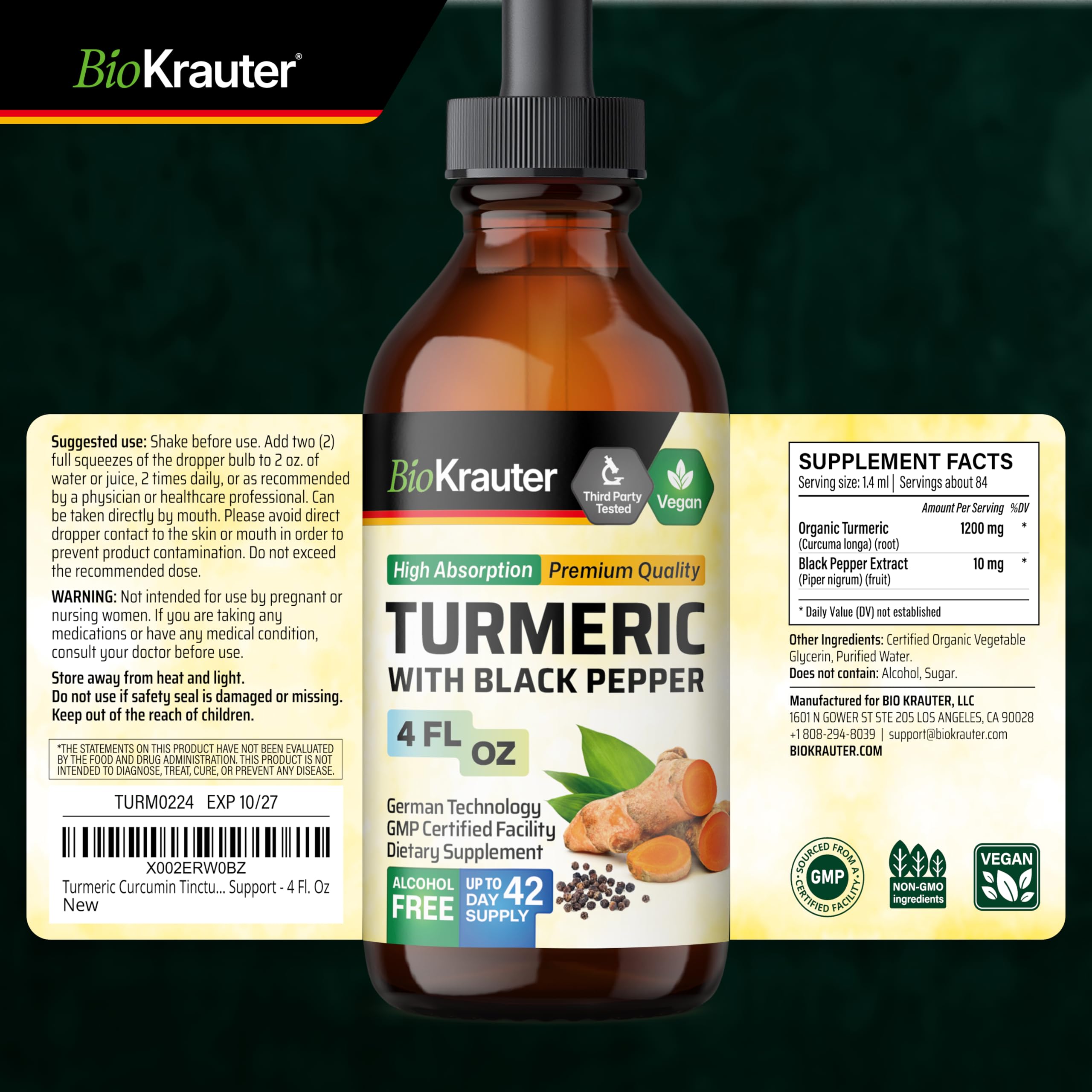 BIO KRAUTER Turmeric Curcumin Liquid Supplement 4 fl oz bottle on wooden table