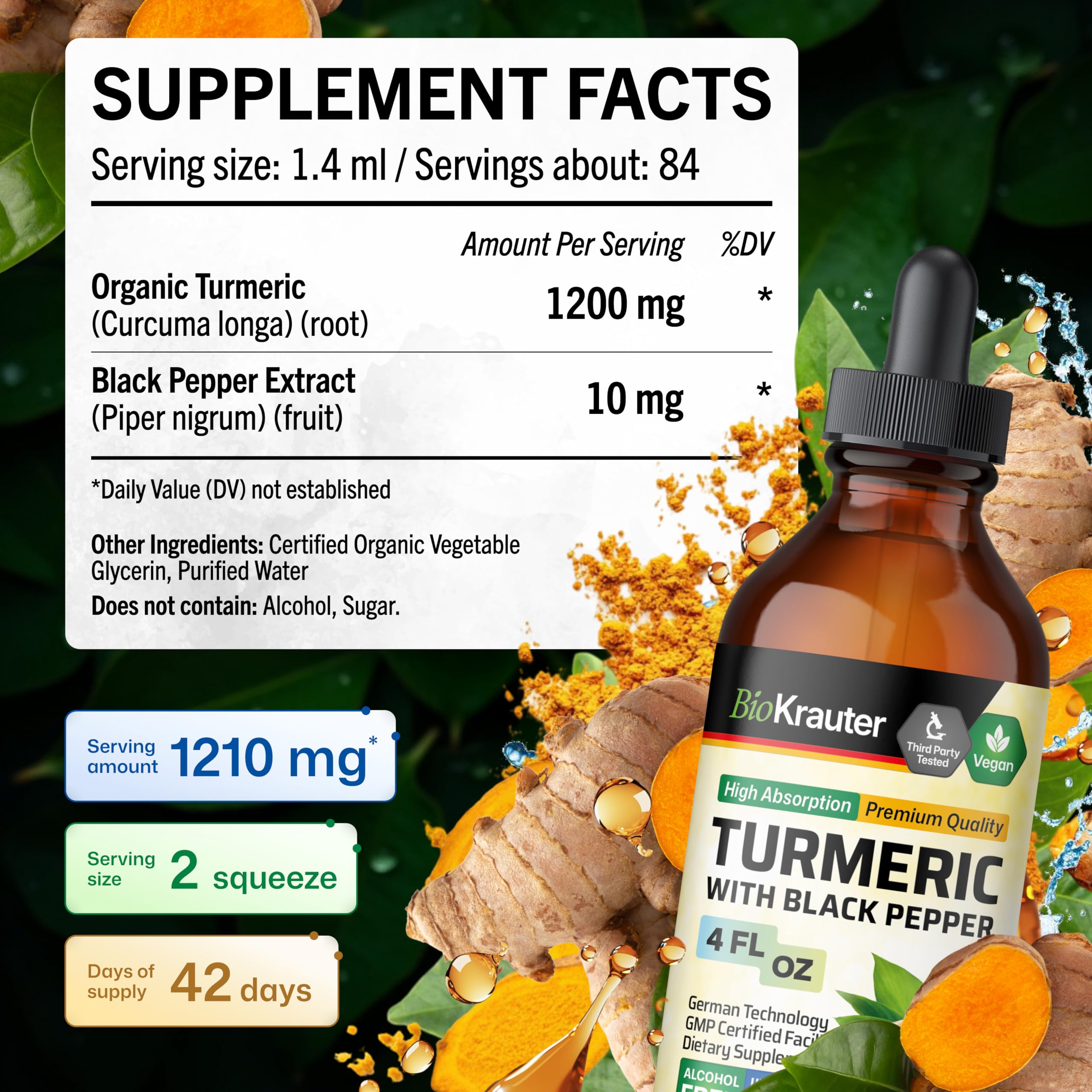 BIO KRAUTER Turmeric Curcumin Liquid Supplement 4 fl oz with ingredients list