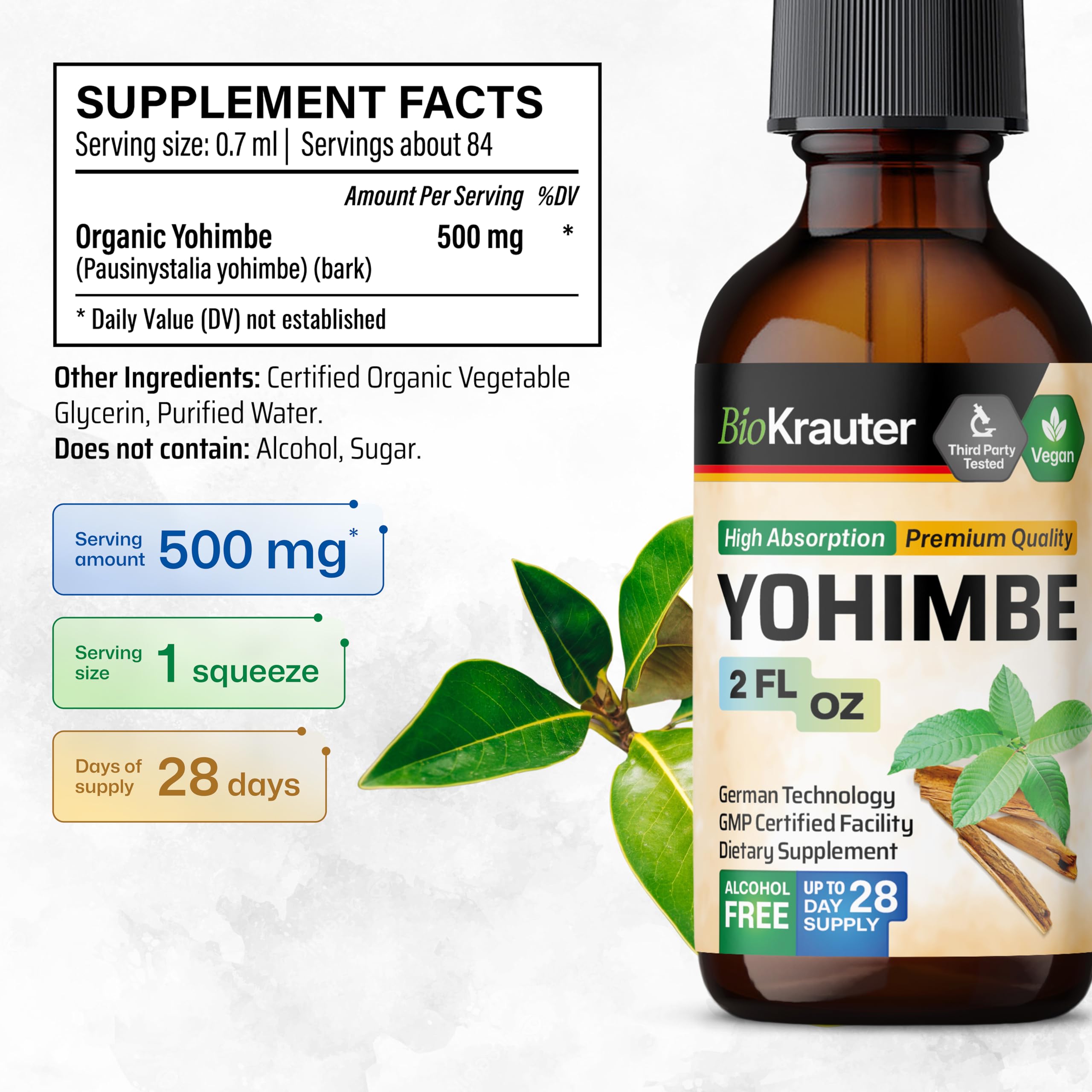 BIO KRAUTER Yohimbe Herbal Supplement side view showing dosage information