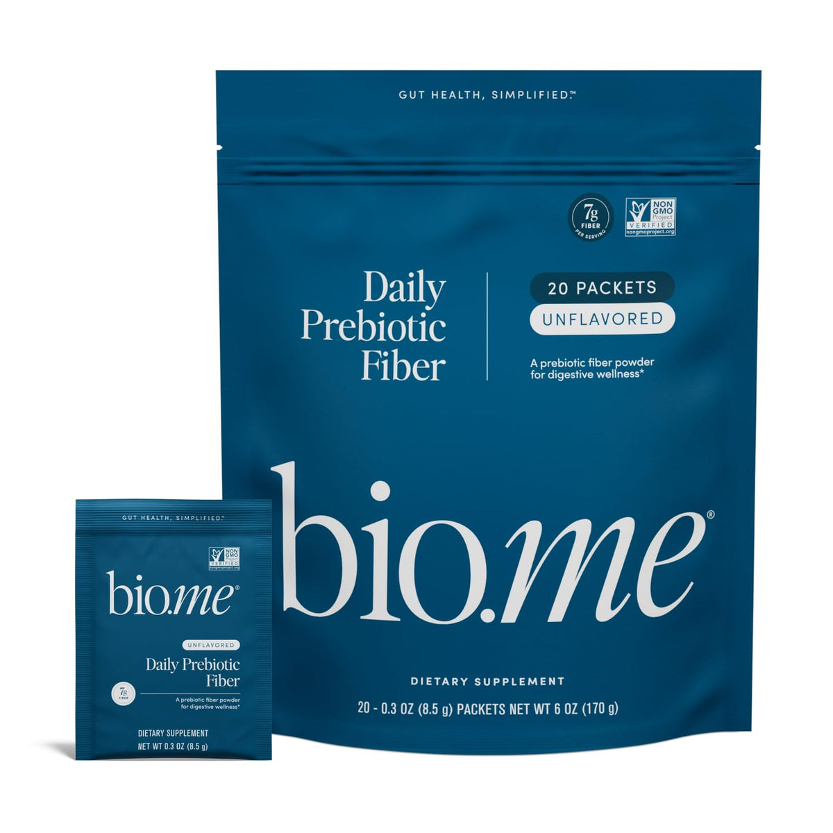 Bio.me Daily Prebiotic Fiber Supplement travel pack front view