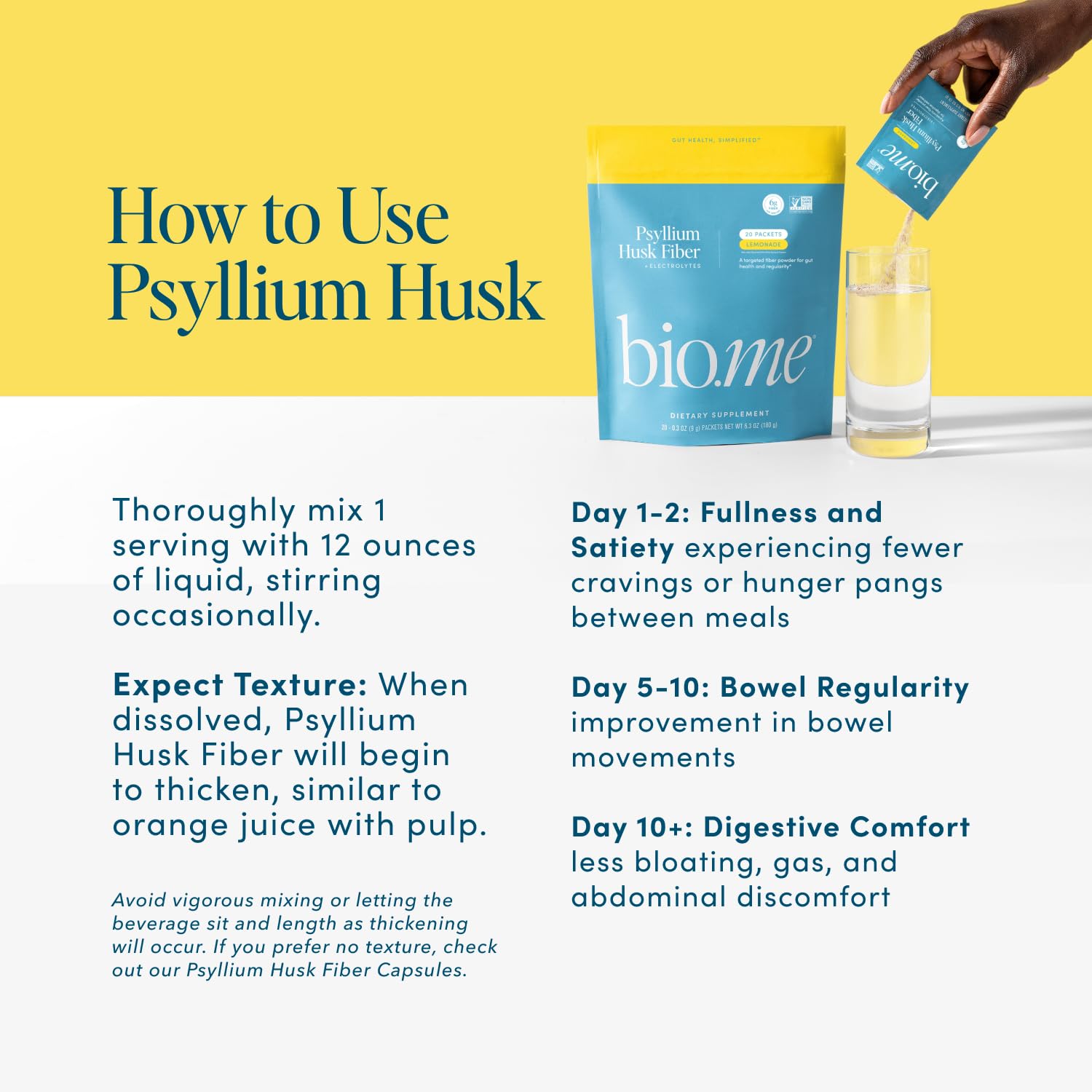 Bio.me Psyllium Husk Fiber Supplement 220g with glass of lemonade