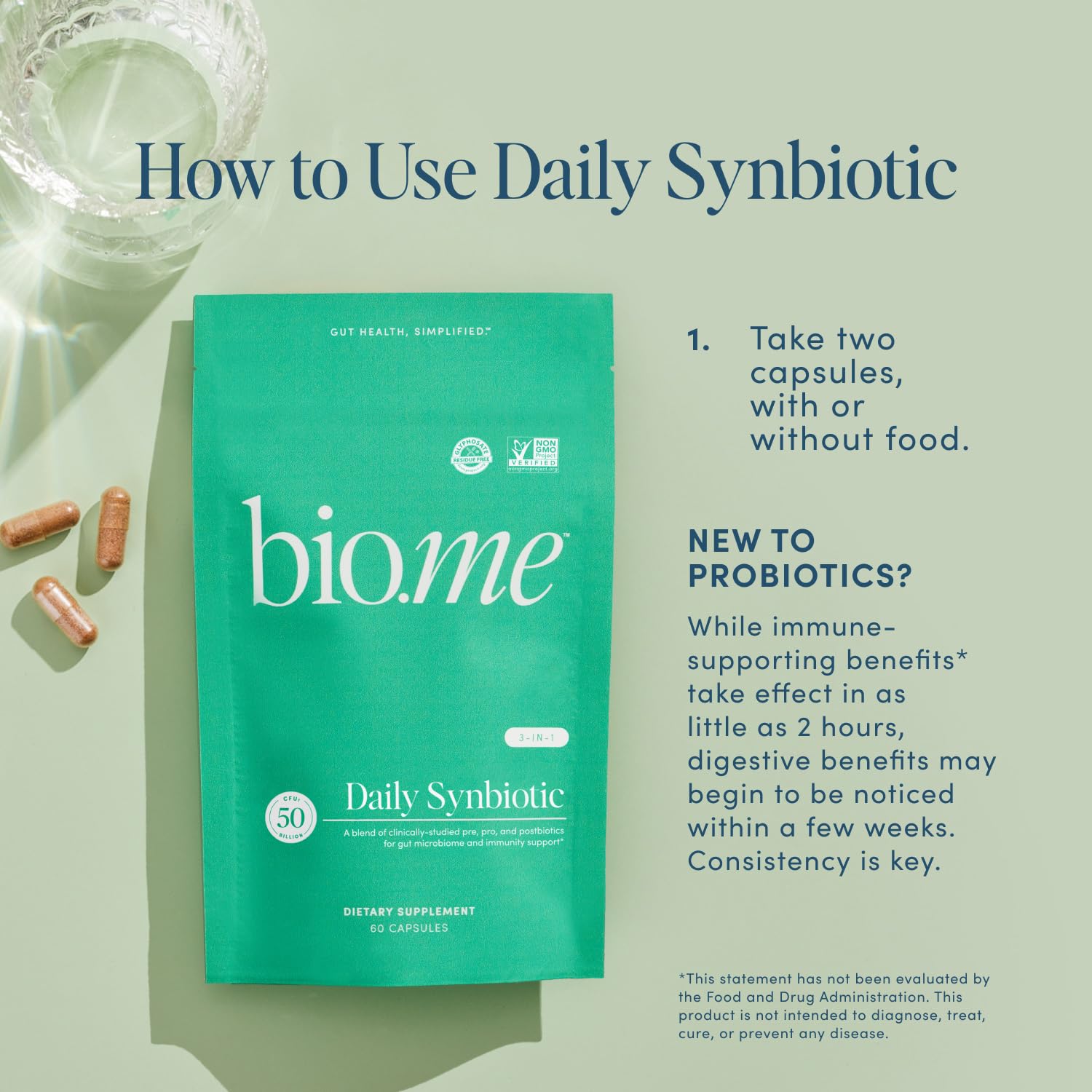 Bio.me Synbiotic Capsules opened bottle showing capsules inside