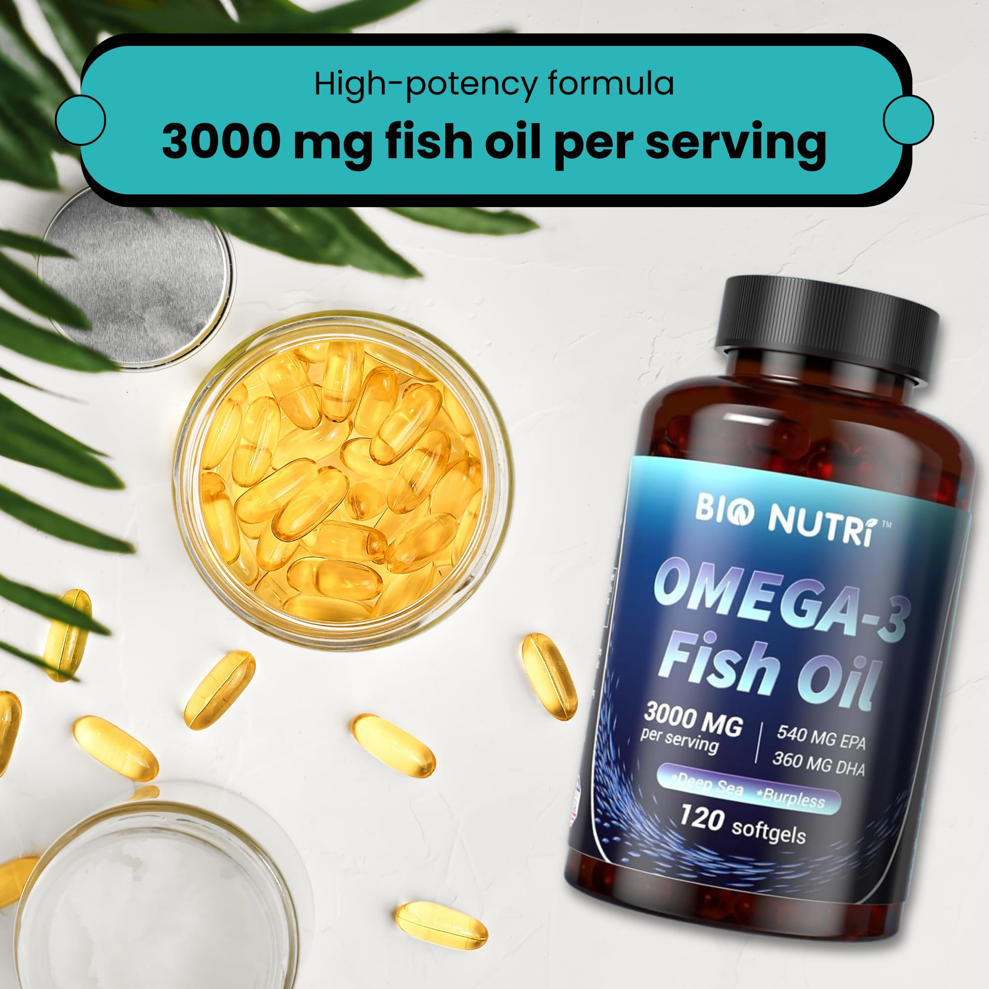 BIO NUTRI Fish Oil Omega 3 Supplements 3000mg side view