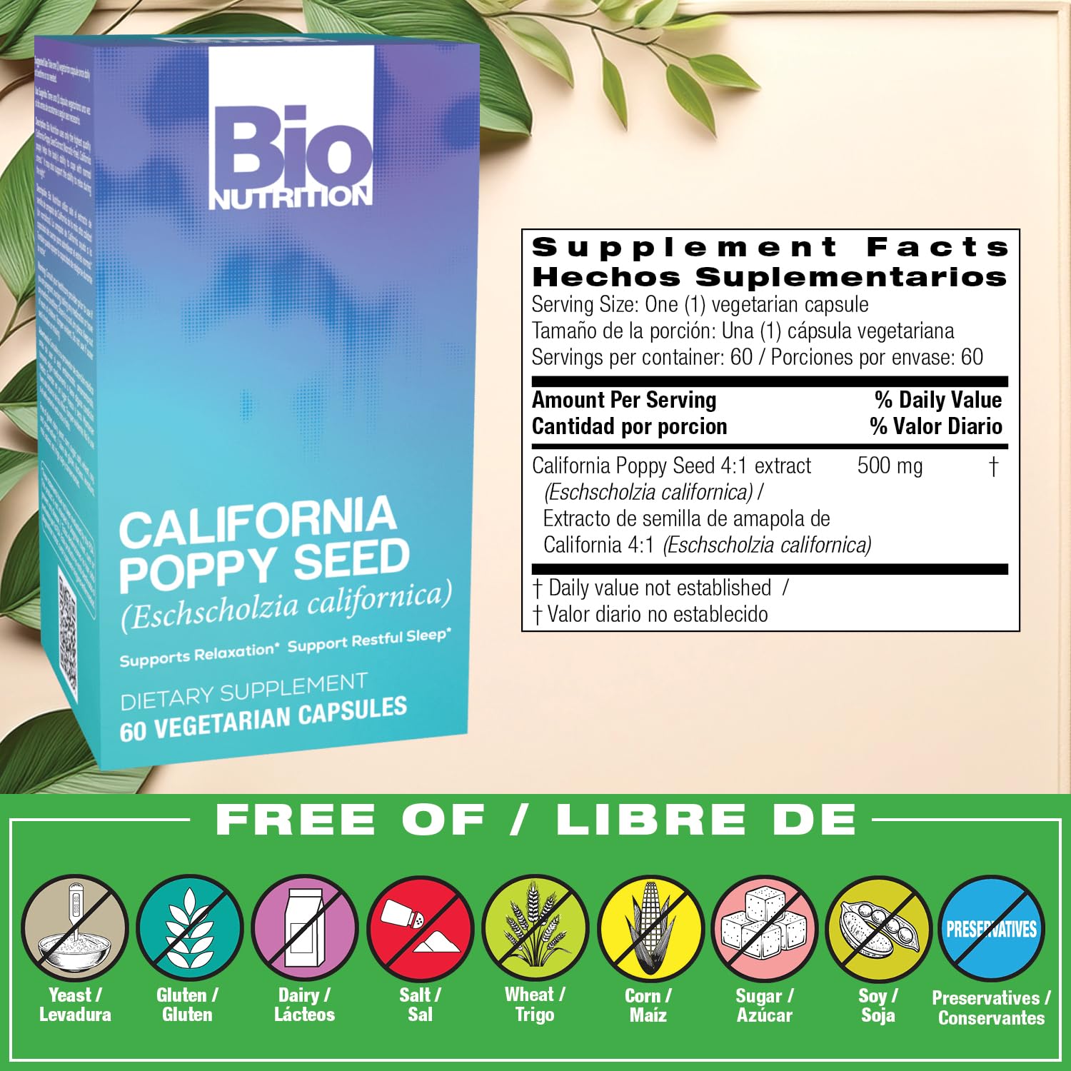 Bio Nutrition California Poppy Vegi-Caps 500mg back view